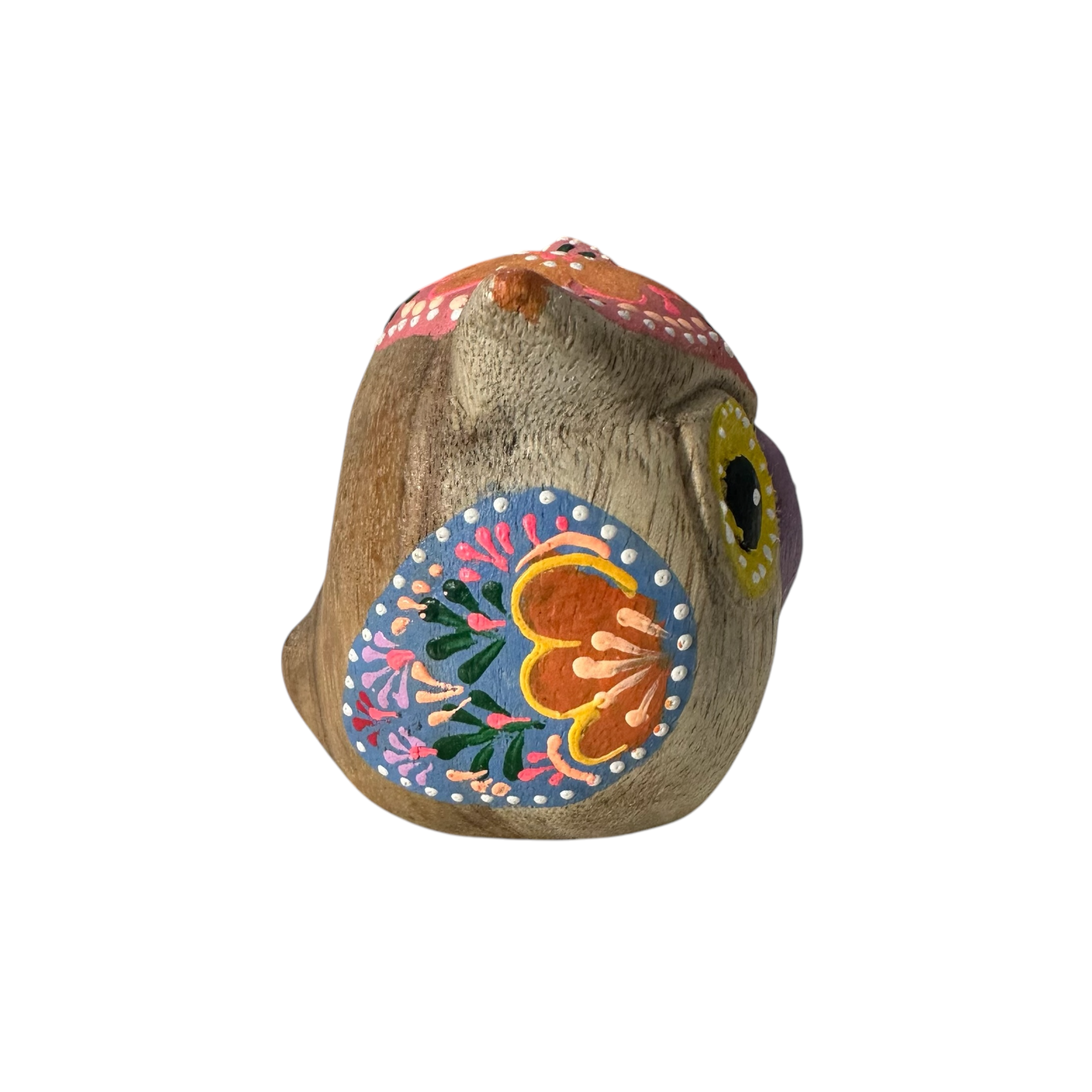Hand-painted Wooden Owl Figurine - Yellow Eyes & Pink Accents