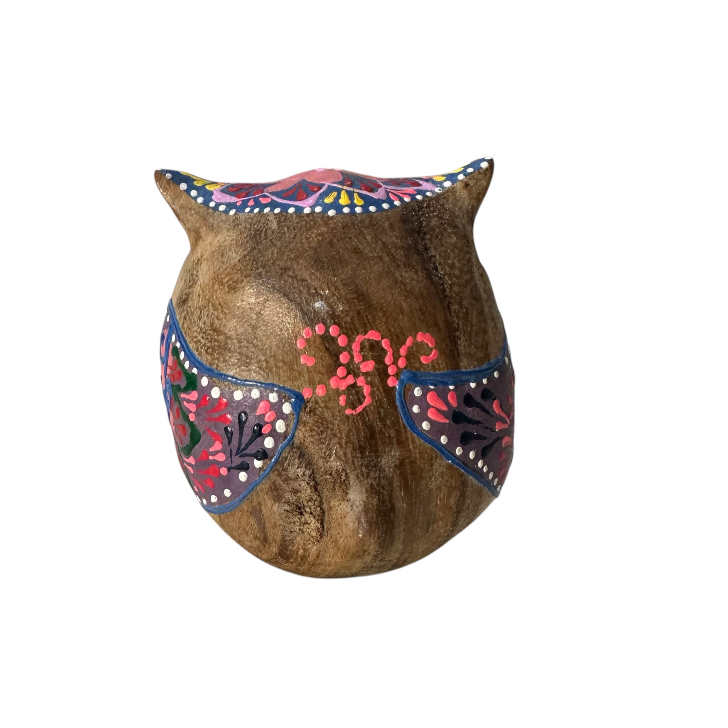 Hand-painted Wooden Owl Figurine - Dark Brown & Floral Design