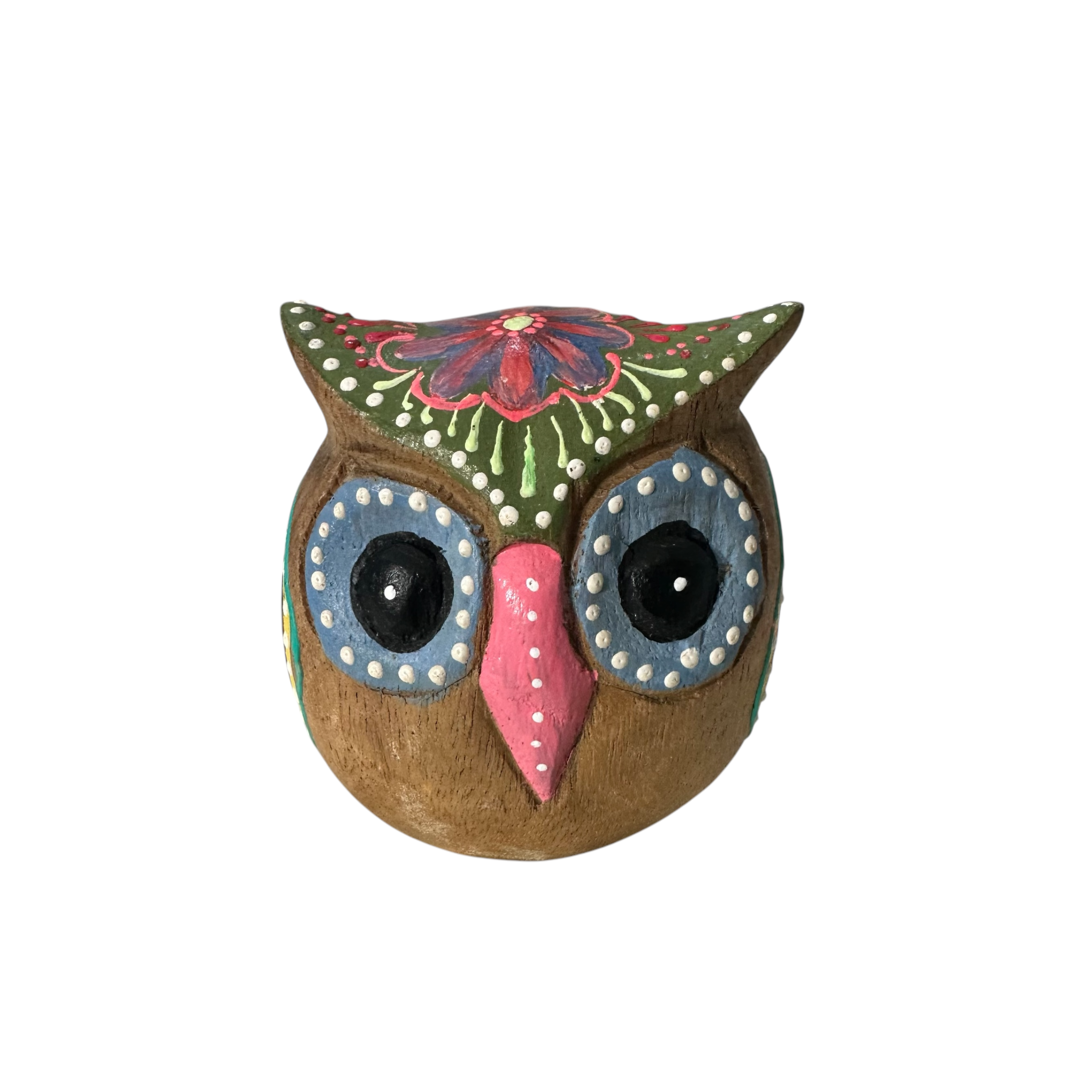 Hand-painted Wooden Owl Figurine - Green & Blue Highlights