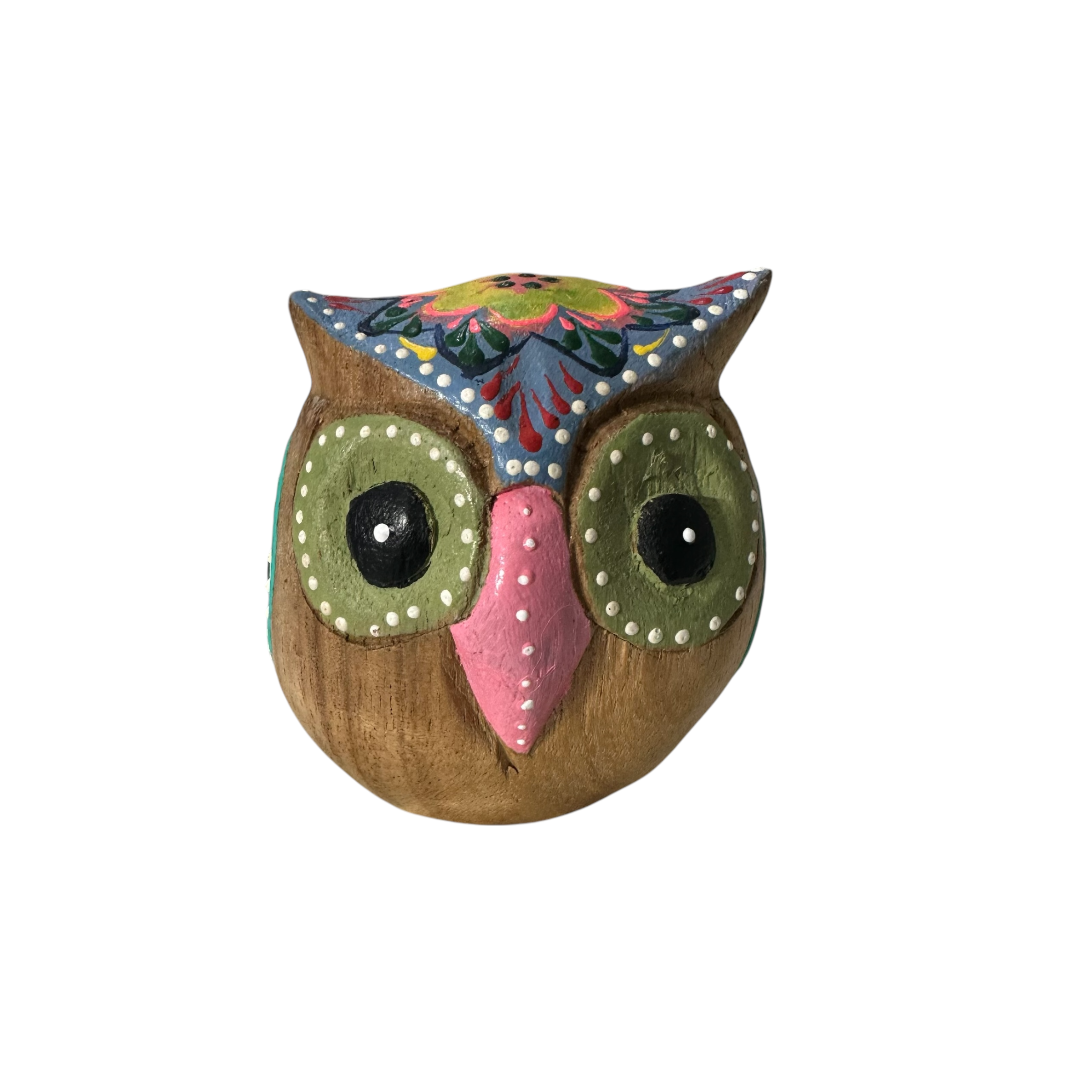 Hand-painted Wooden Owl Figurine - Blue & Pink Floral Accents