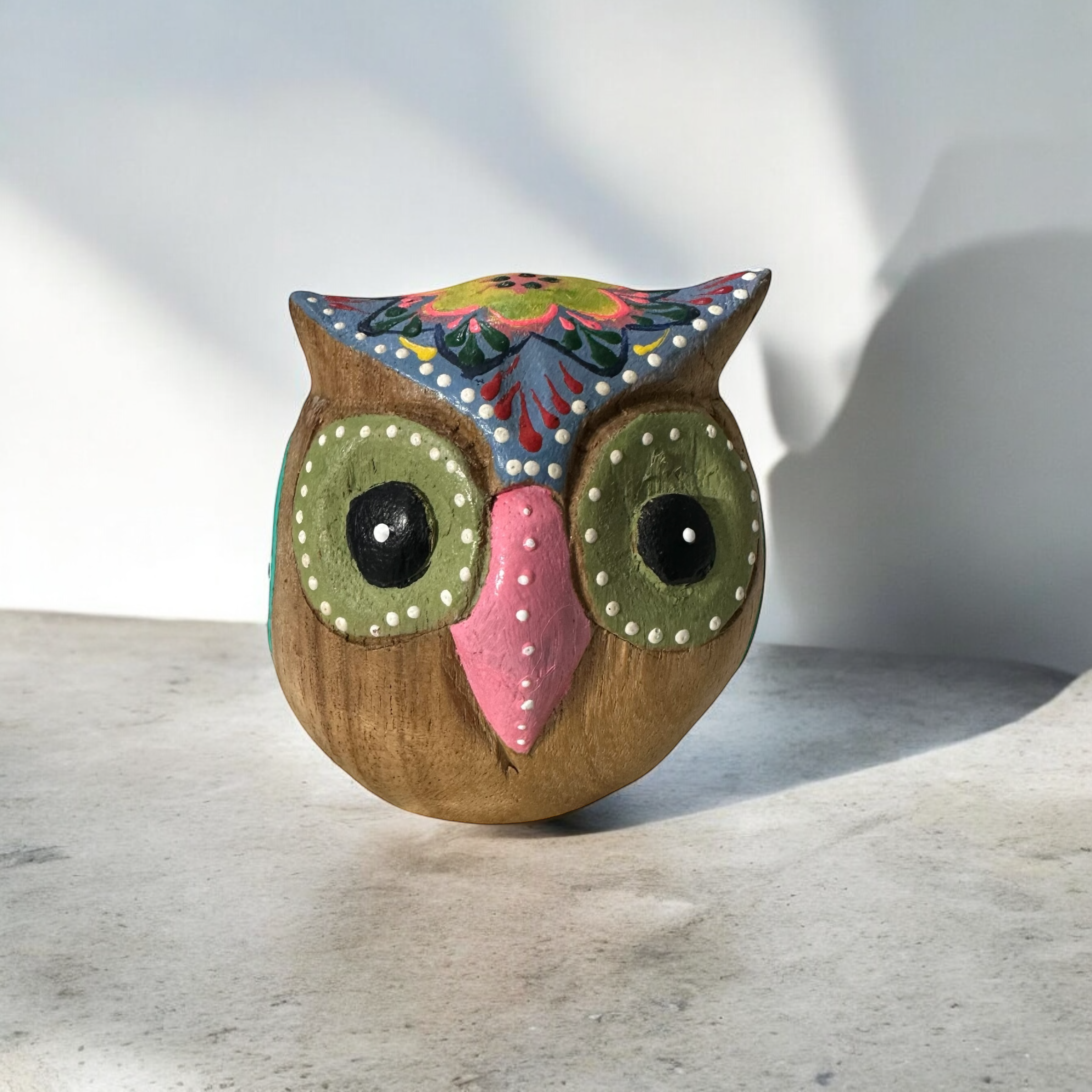 Hand-painted Wooden Owl Figurine - Blue & Pink Floral Accents