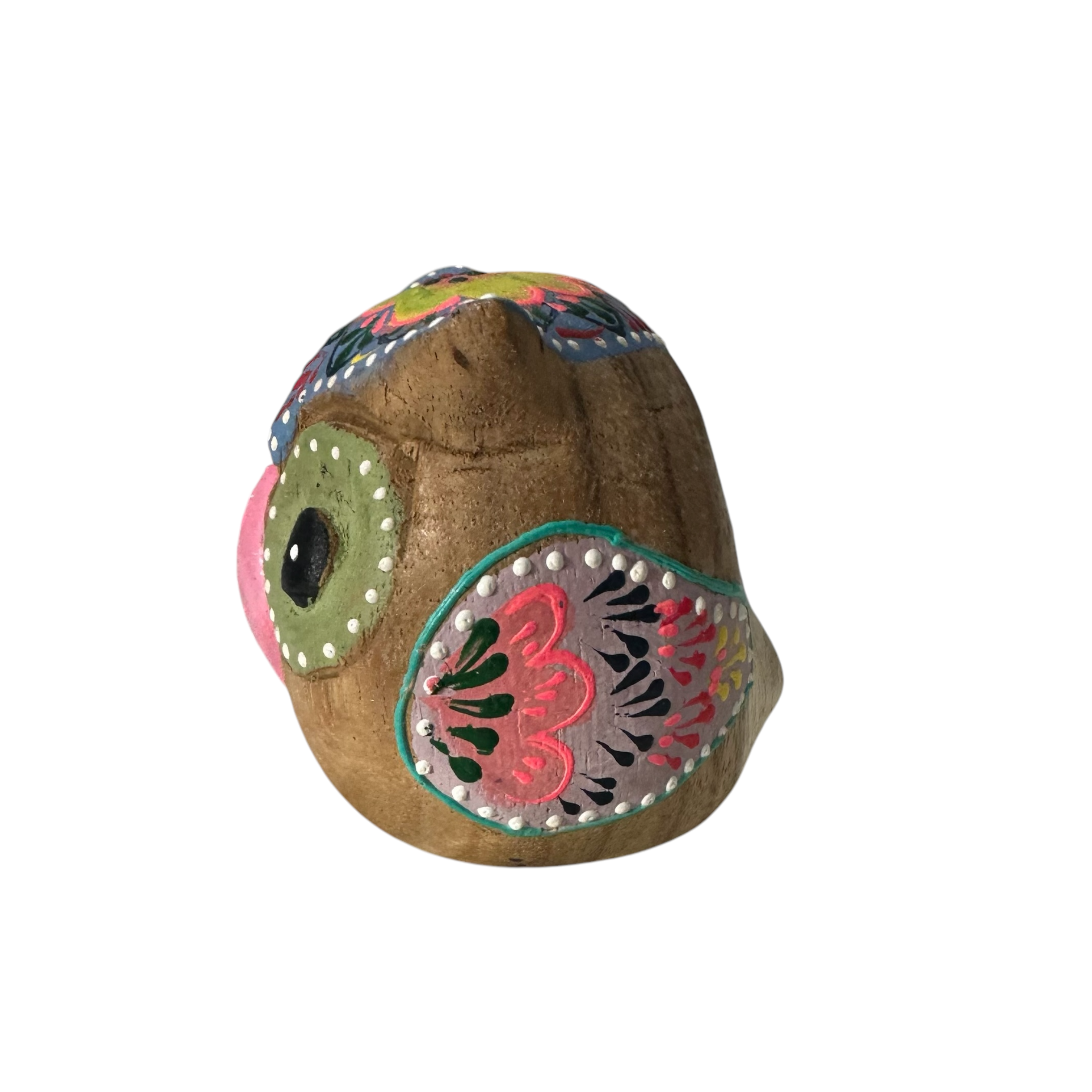 Hand-painted Wooden Owl Figurine - Blue & Pink Floral Accents