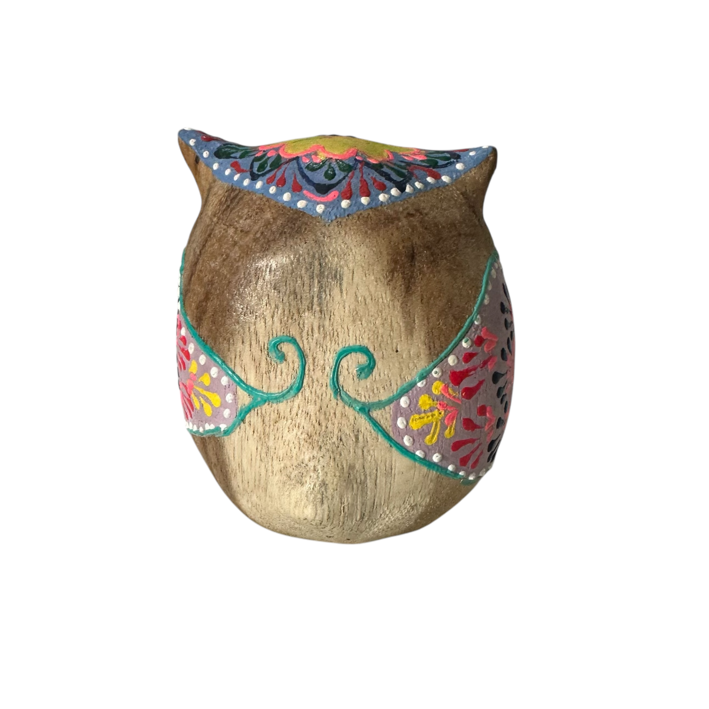 Hand-painted Wooden Owl Figurine - Blue & Pink Floral Accents