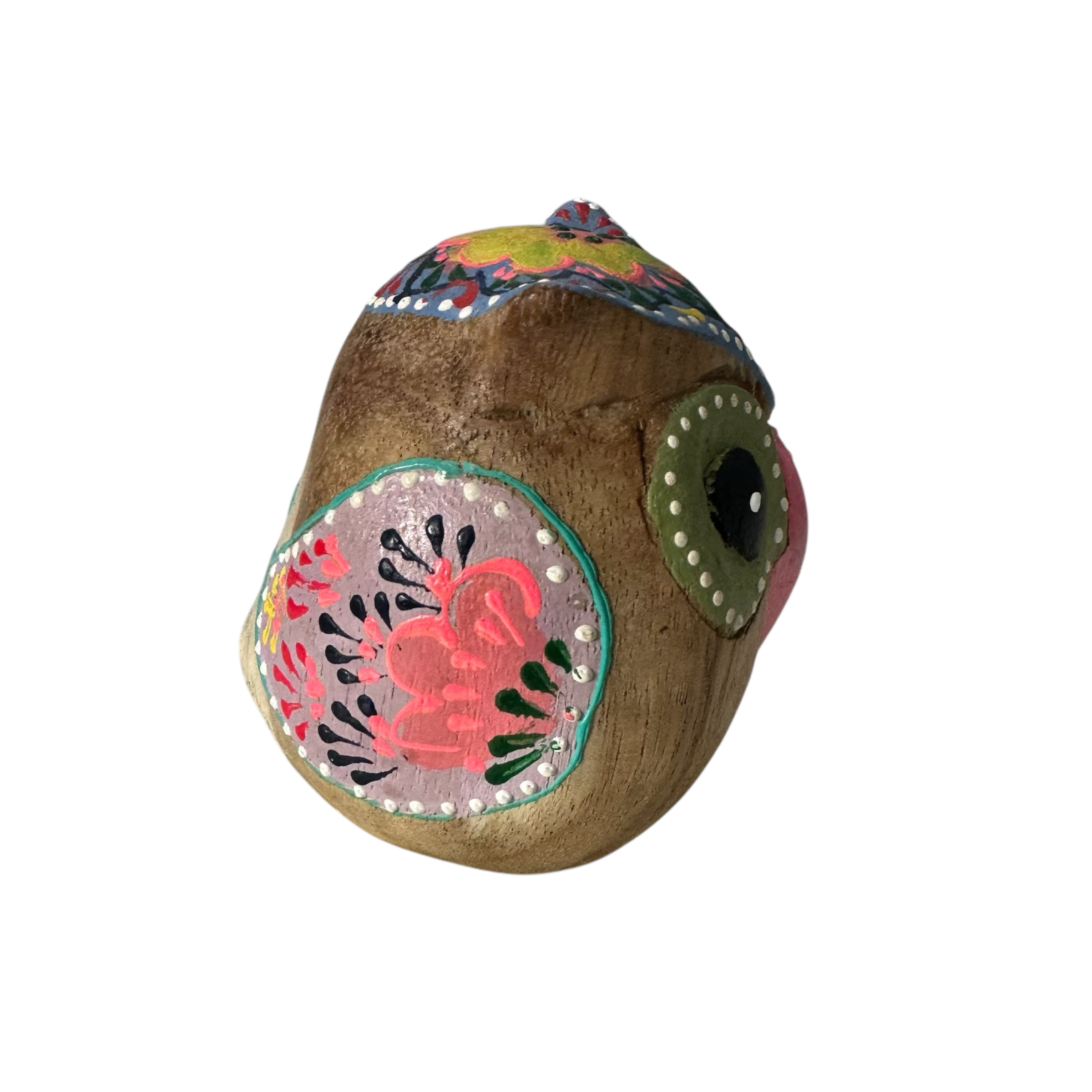 Hand-painted Wooden Owl Figurine - Blue & Pink Floral Accents