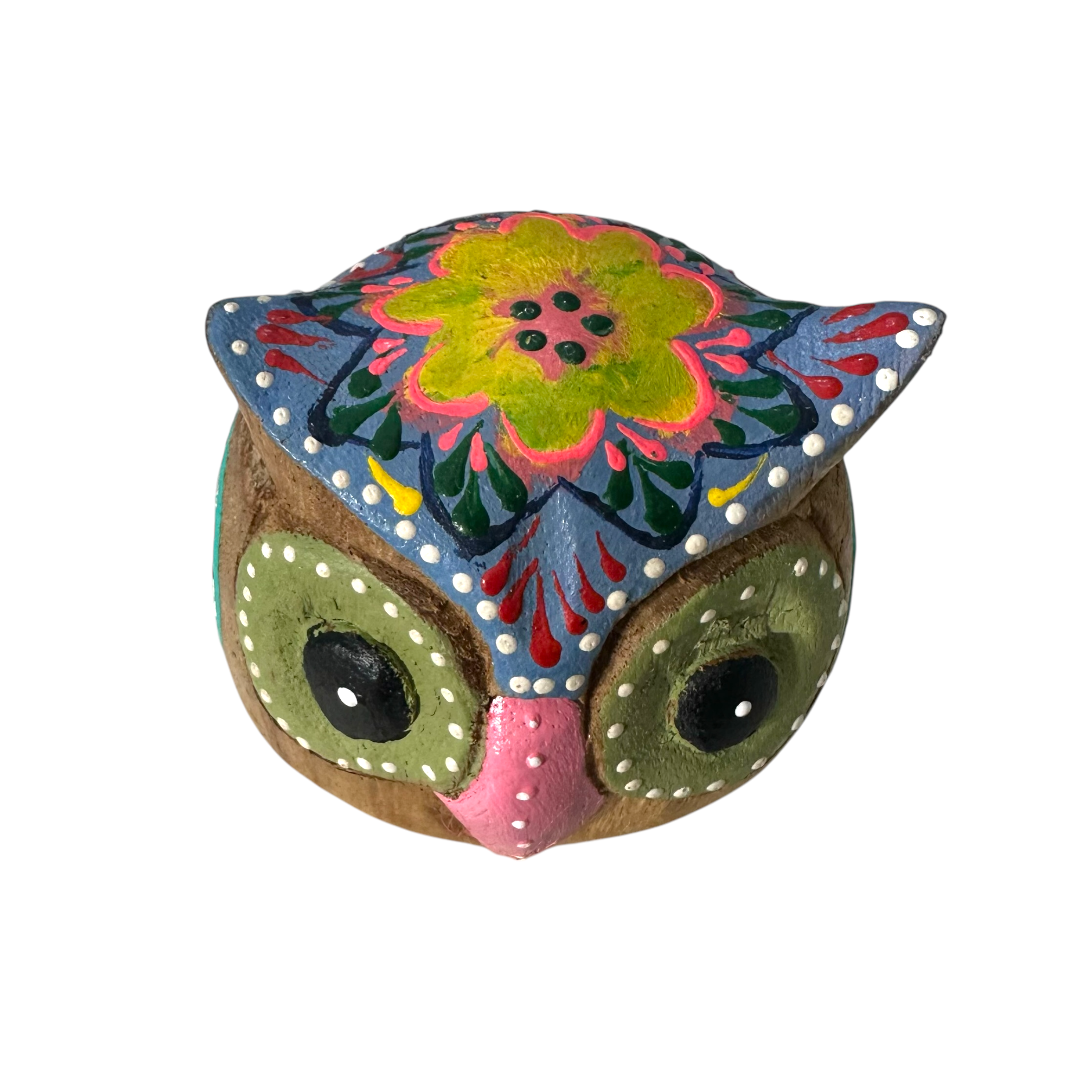 Hand-painted Wooden Owl Figurine - Blue & Pink Floral Accents