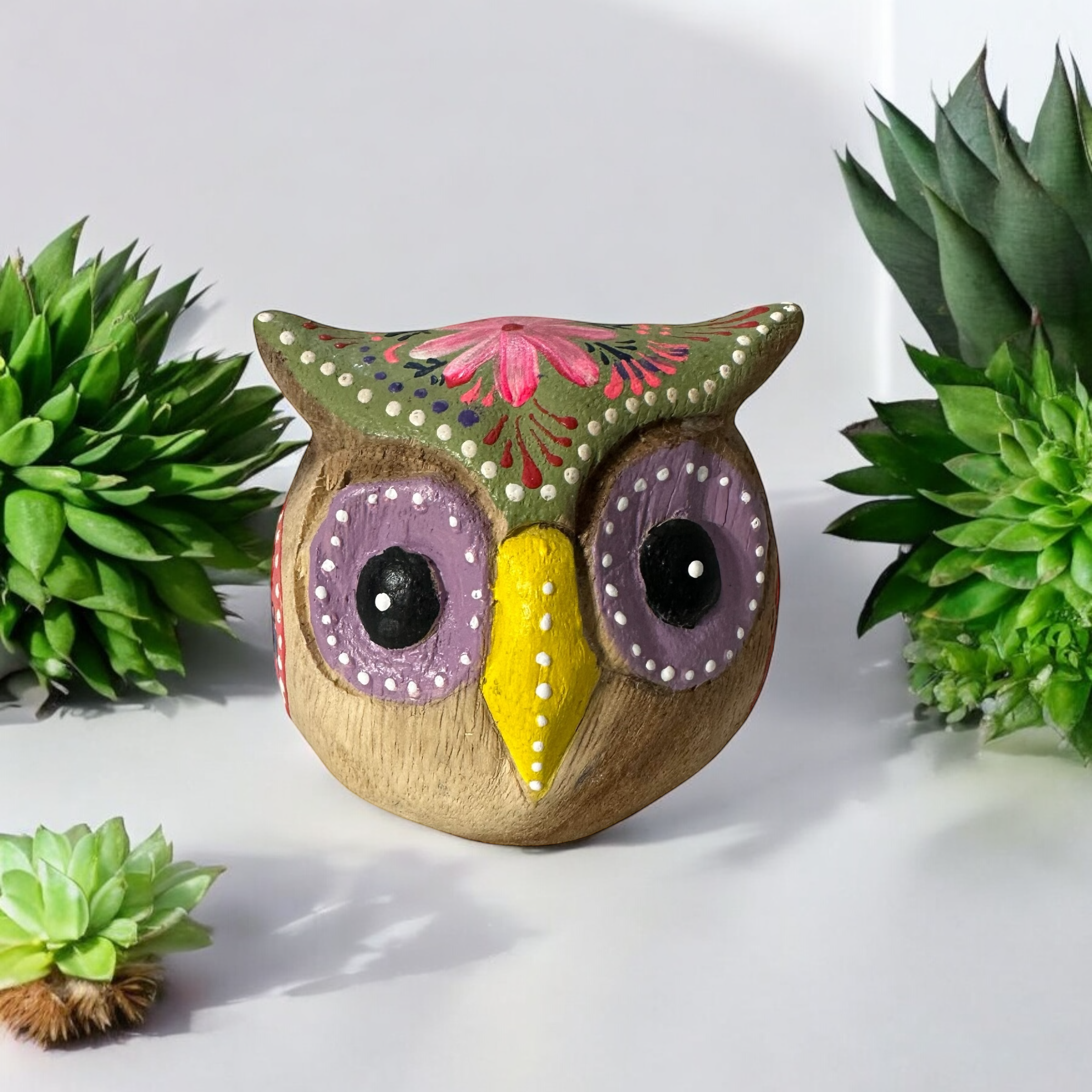 Hand-painted Wooden Owl Figurine - Purple Eyes & Yellow Beak