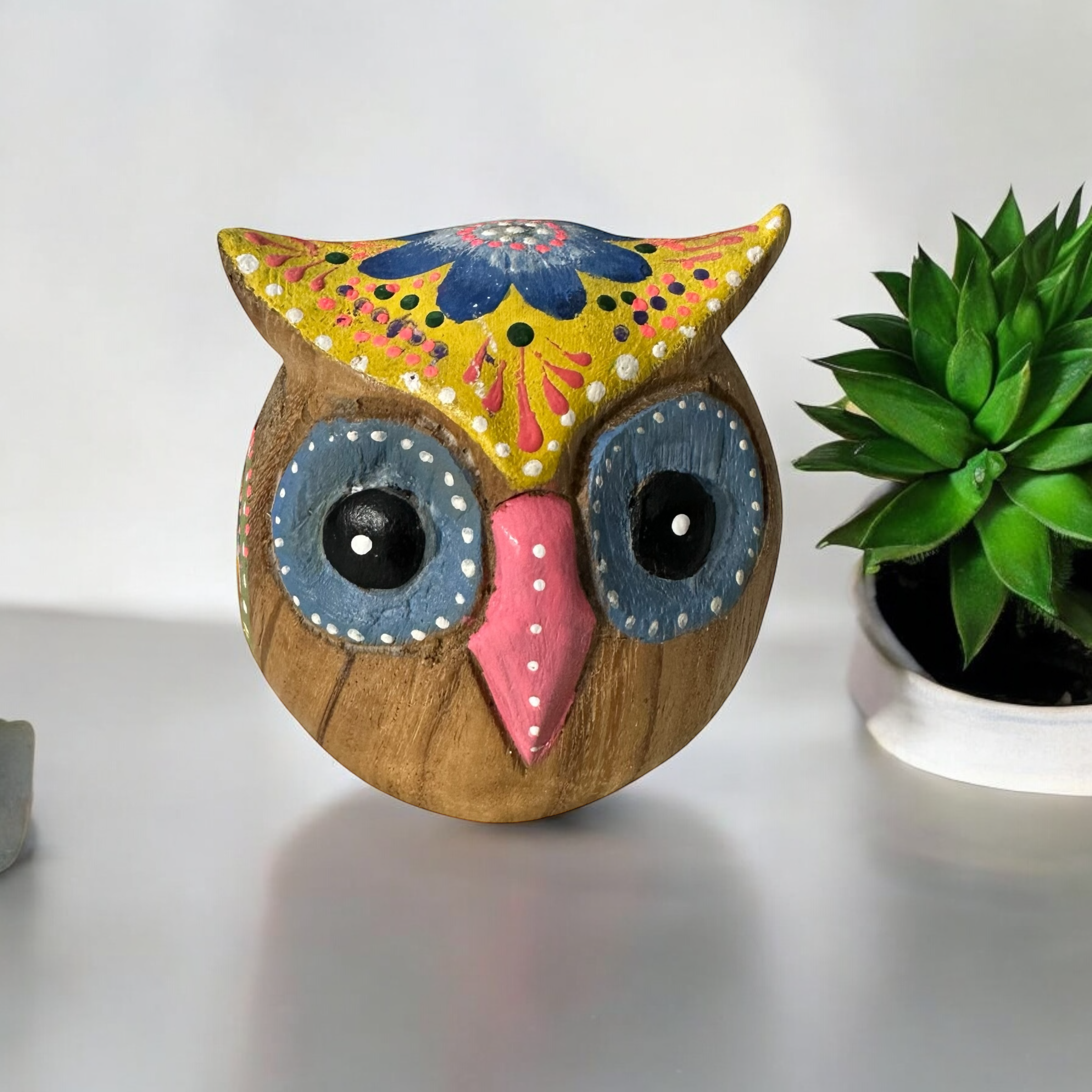 Hand-painted Wooden Owl Figurine - Pastel Pink & Blue Theme
