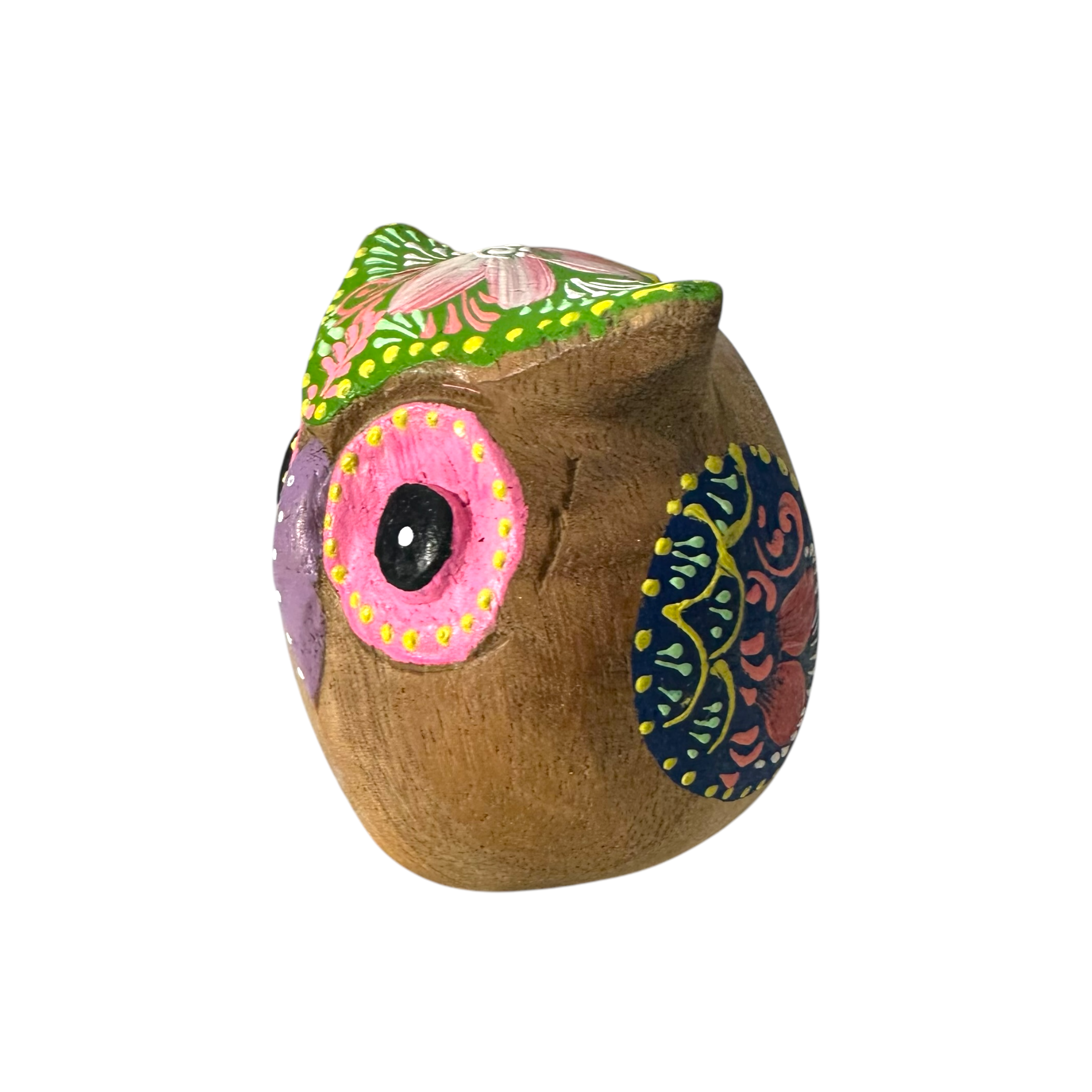 Hand-painted Wooden Owl Figurine - Purple & Pink Decorative Pattern