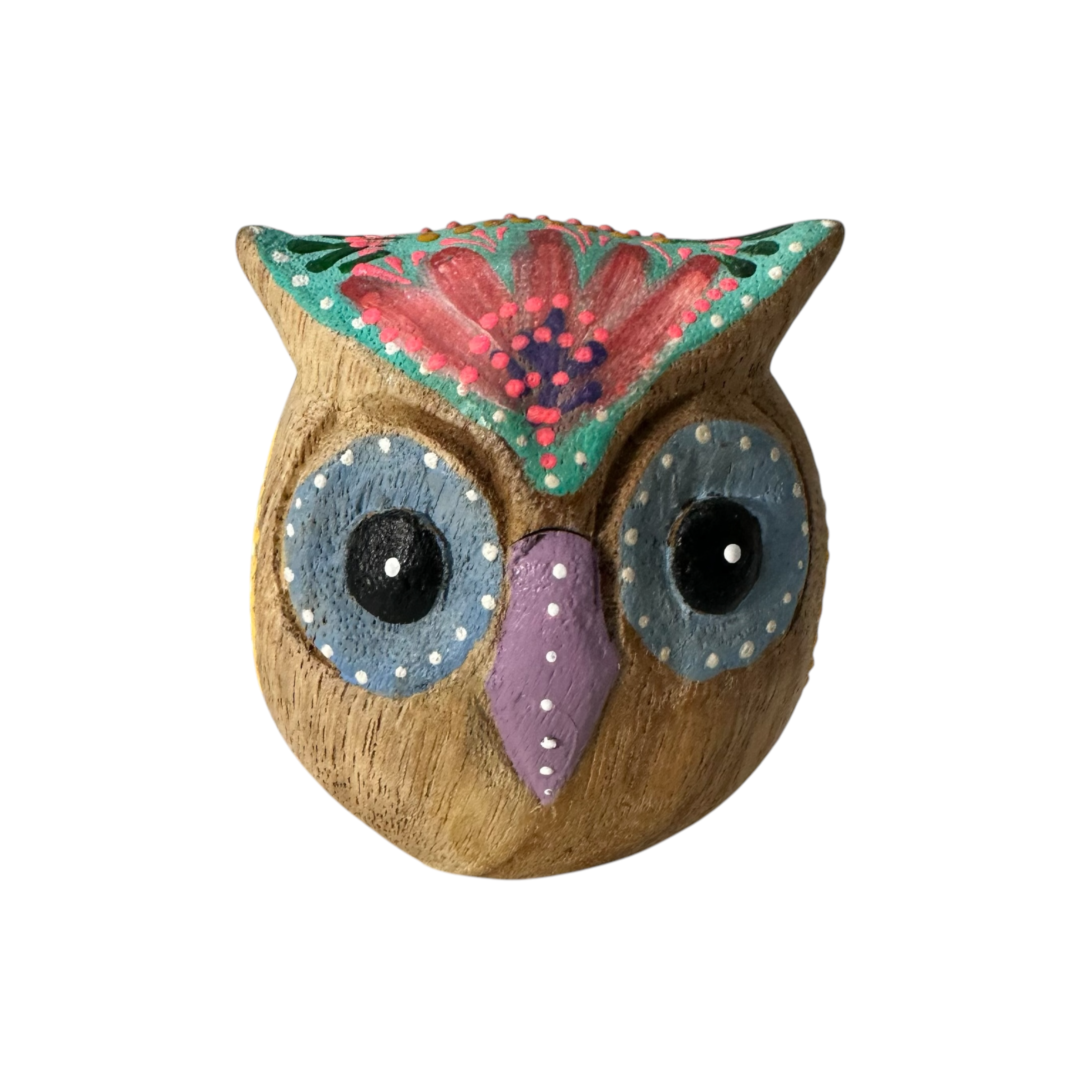 Hand-painted Wooden Owl Figurine - Blue Floral & Rustic Finish
