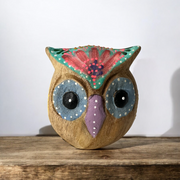 Hand-painted Wooden Owl Figurine - Blue Floral & Rustic Finish