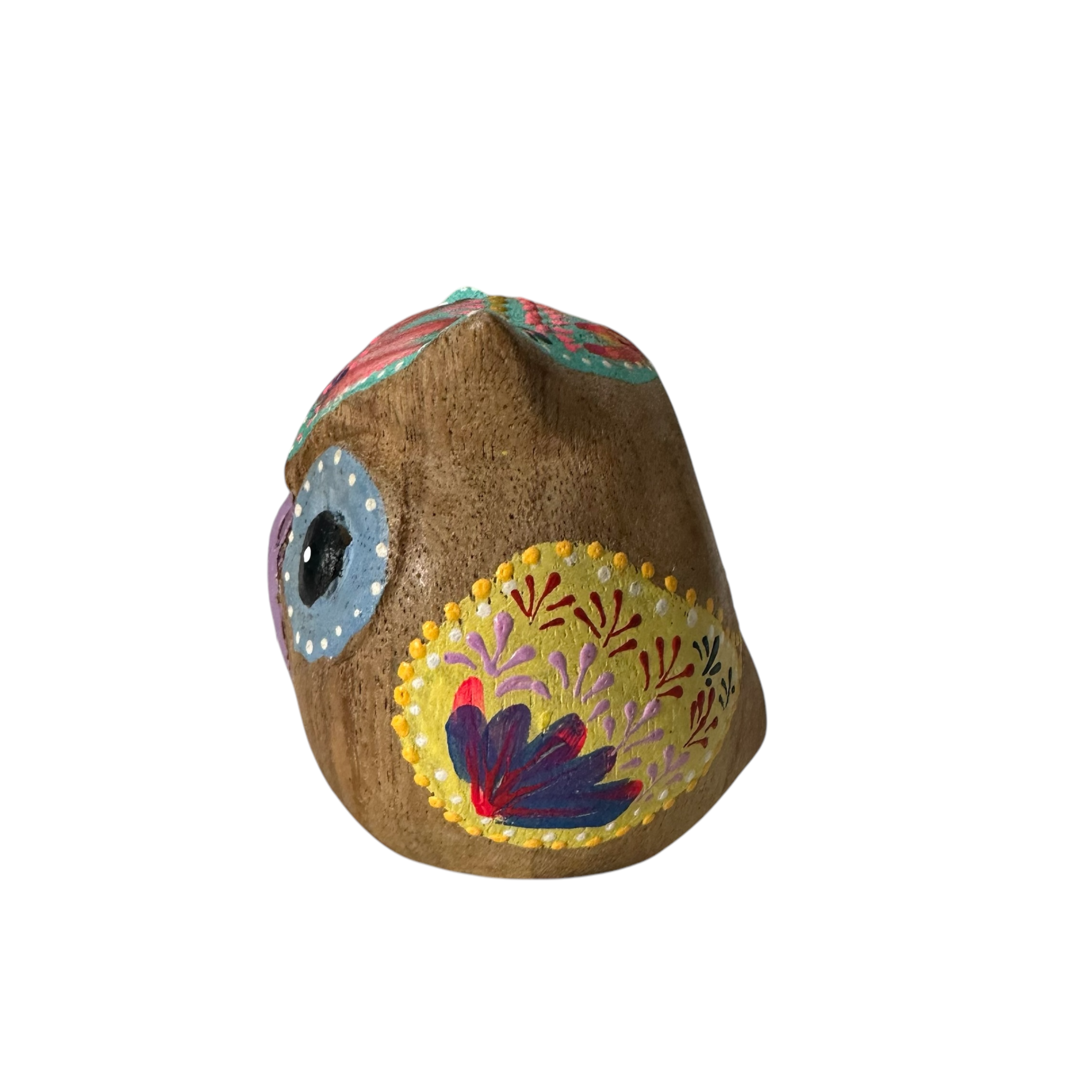Hand-painted Wooden Owl Figurine - Blue Floral & Rustic Finish