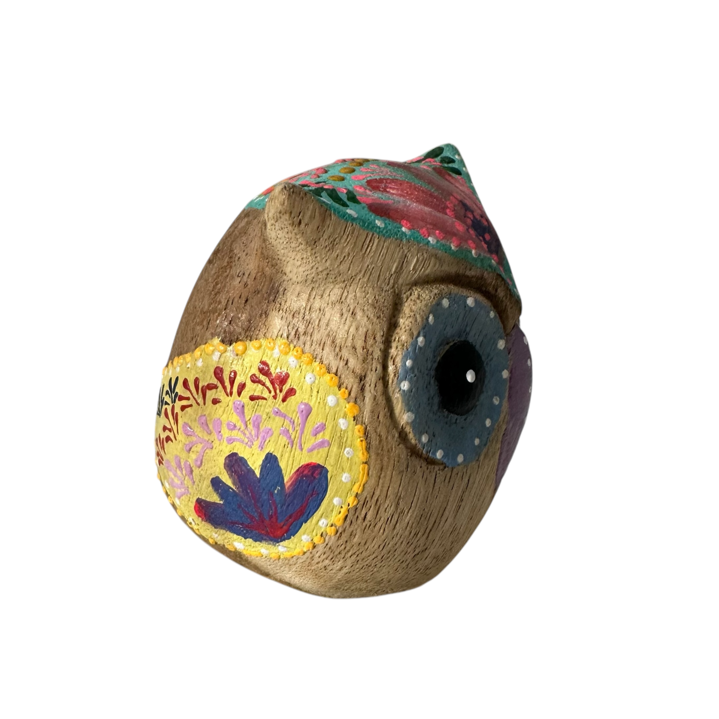Hand-painted Wooden Owl Figurine - Blue Floral & Rustic Finish