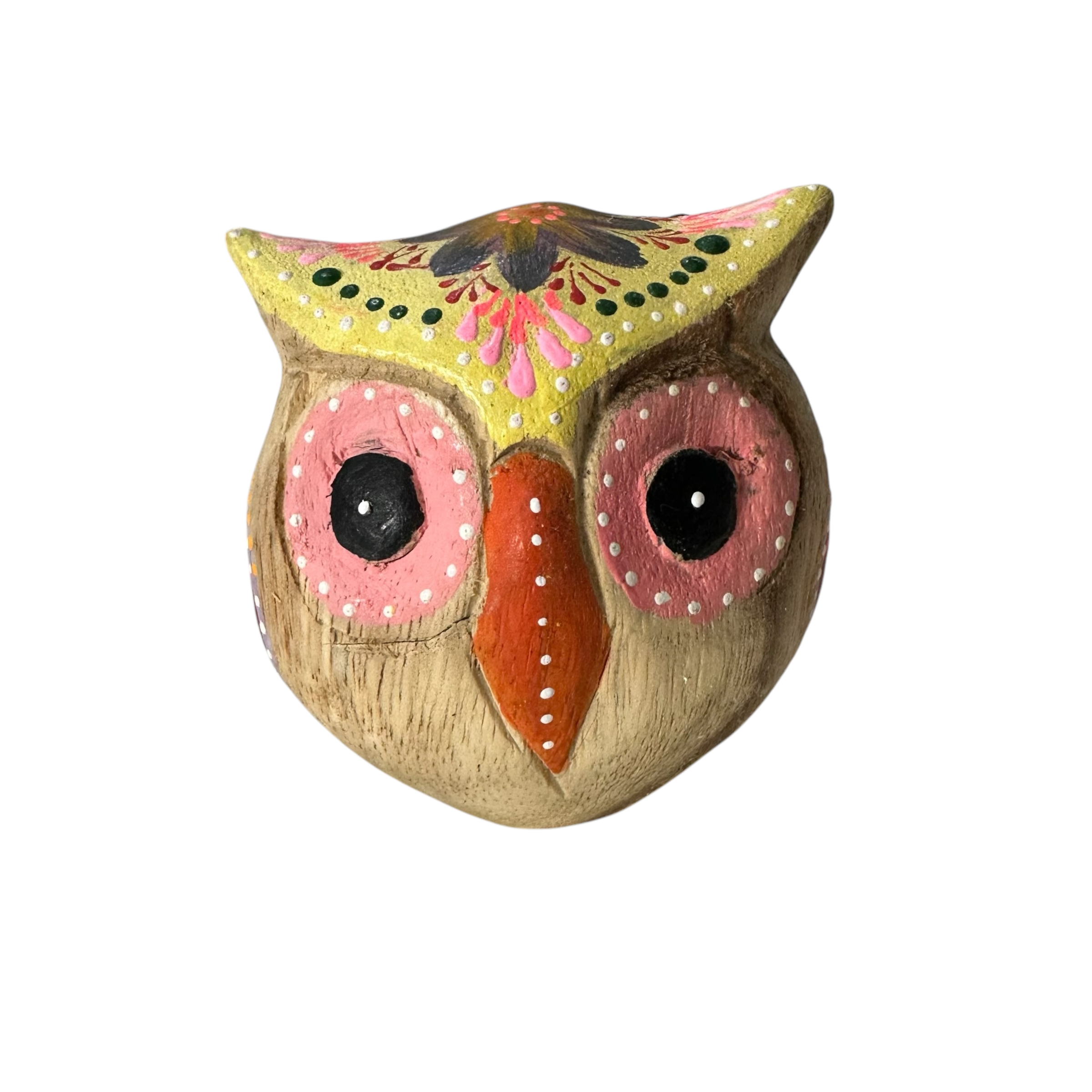 Hand-painted Wooden Owl Figurine - Yellow & Pink Artistic Design