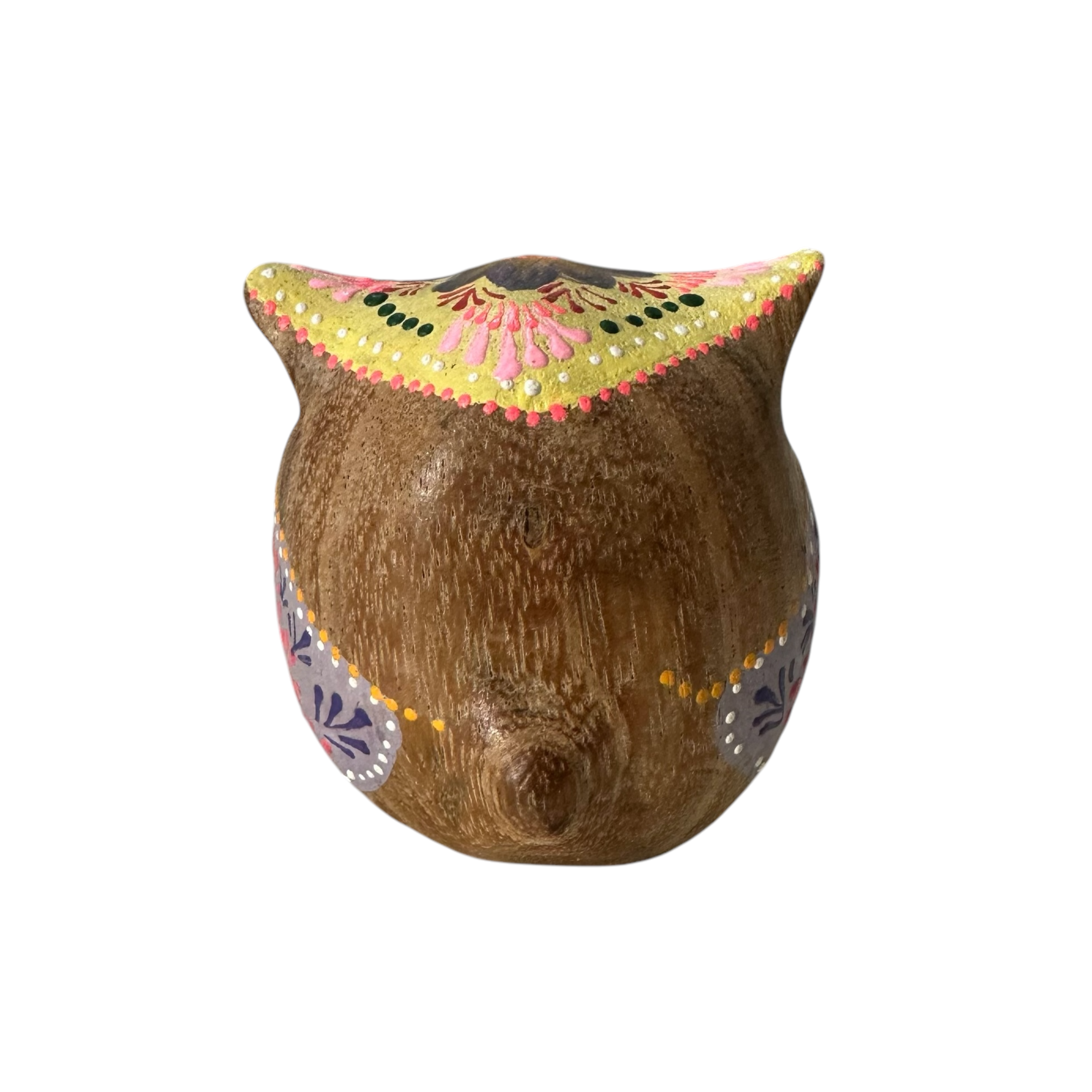 Hand-painted Wooden Owl Figurine - Yellow & Pink Artistic Design