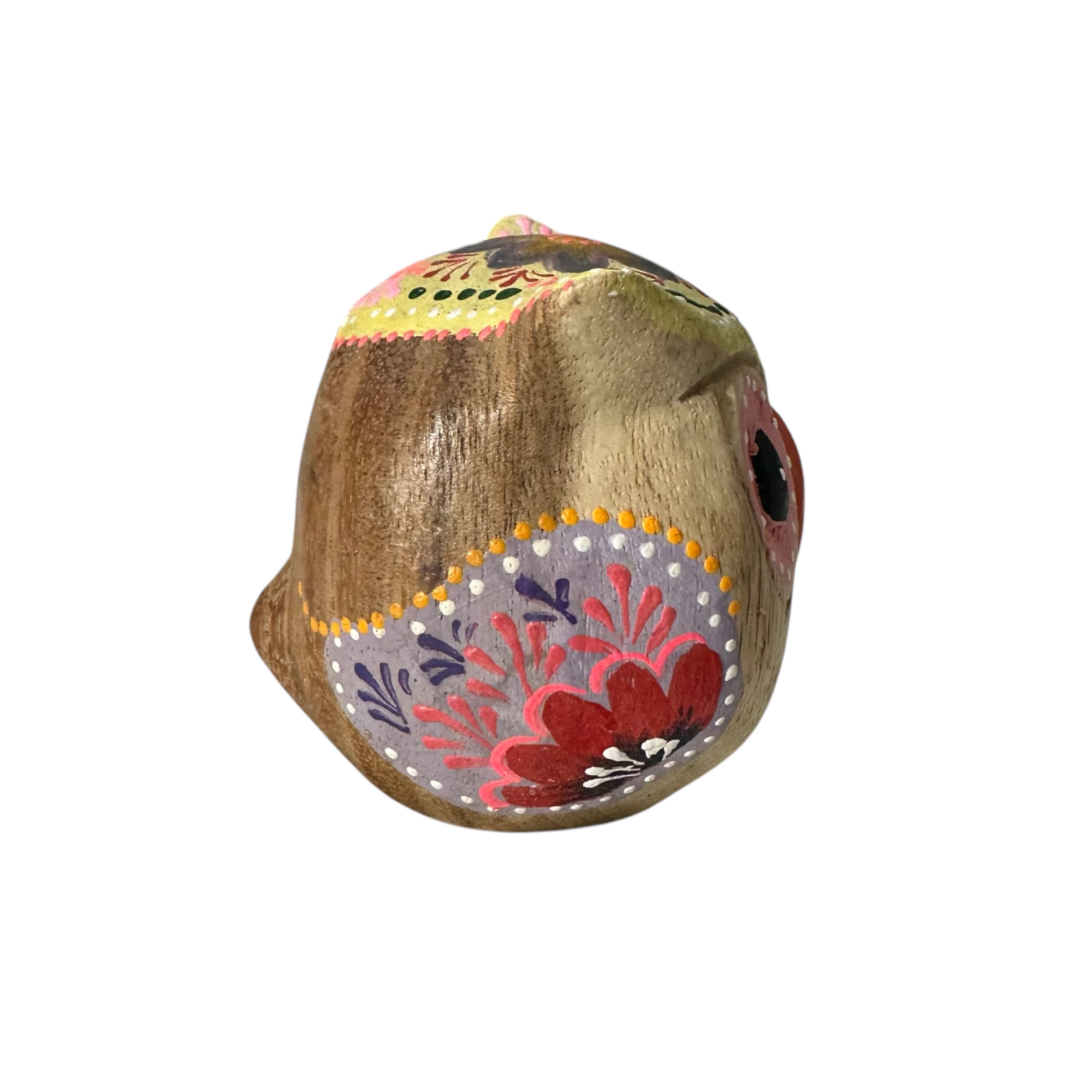 Hand-painted Wooden Owl Figurine - Yellow & Pink Artistic Design