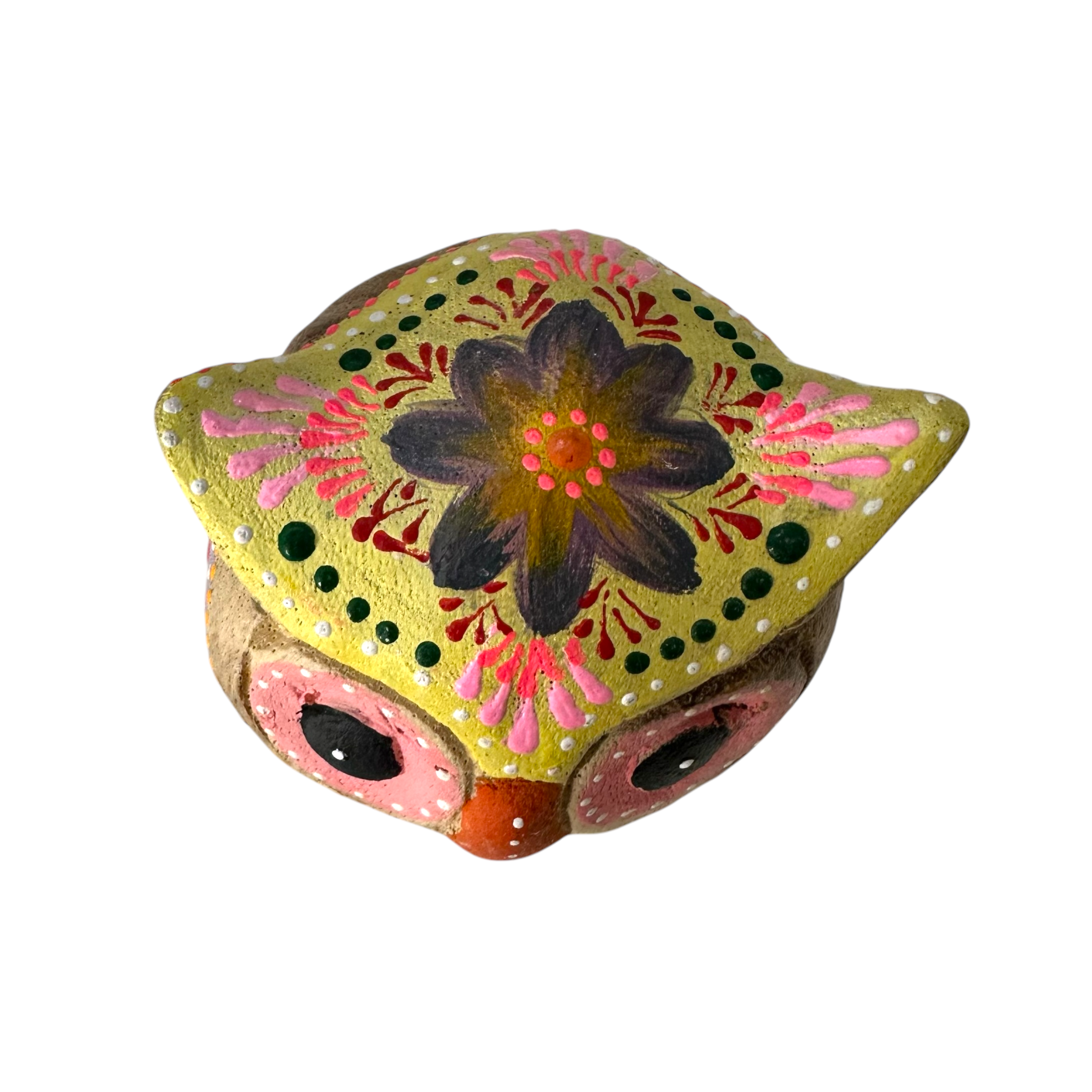 Hand-painted Wooden Owl Figurine - Yellow & Pink Artistic Design