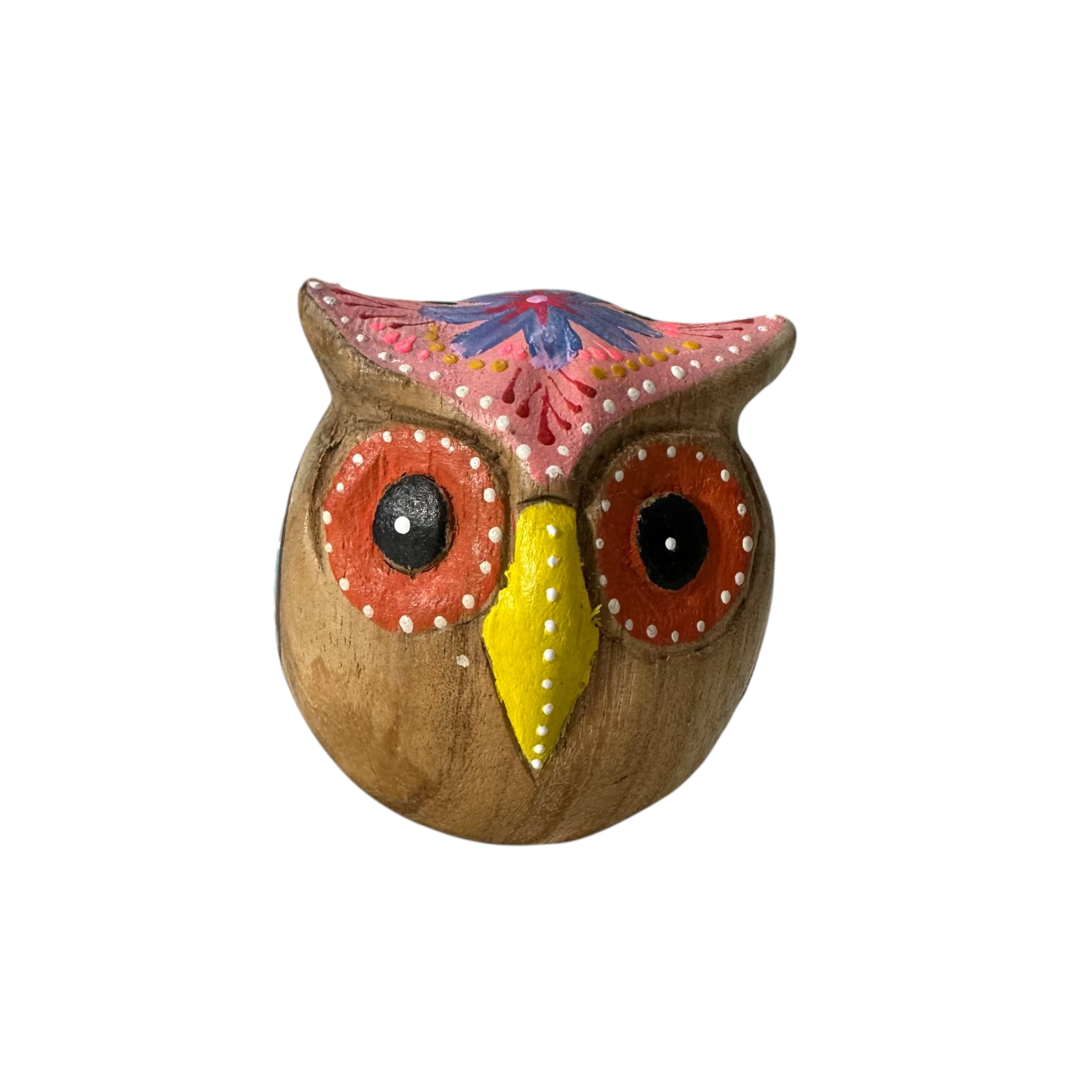 Hand-painted Wooden Owl Figurine - Pink Blue & Floral Patterns