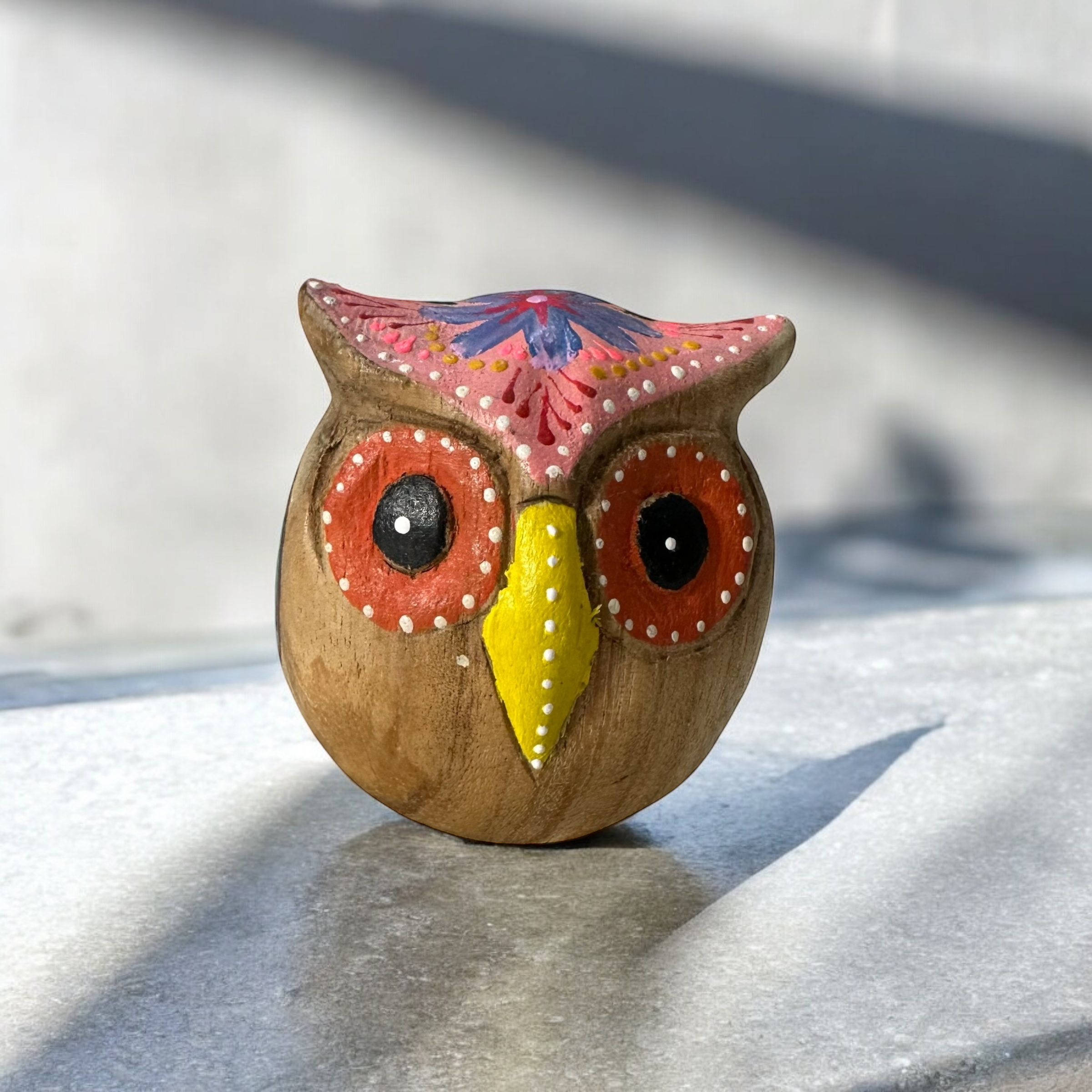 Hand-painted Wooden Owl Figurine - Pink Blue & Floral Patterns