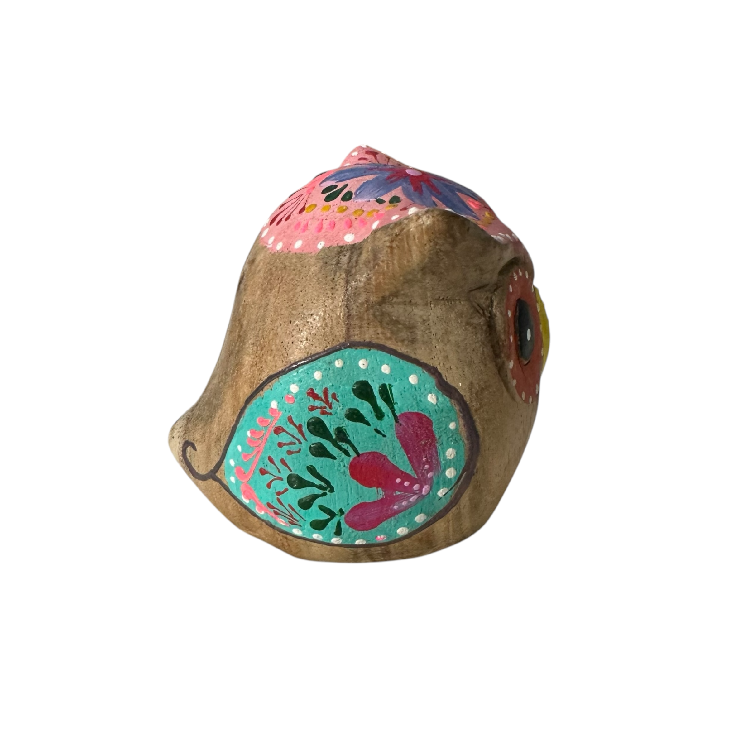 Hand-painted Wooden Owl Figurine - Pink Blue & Floral Patterns