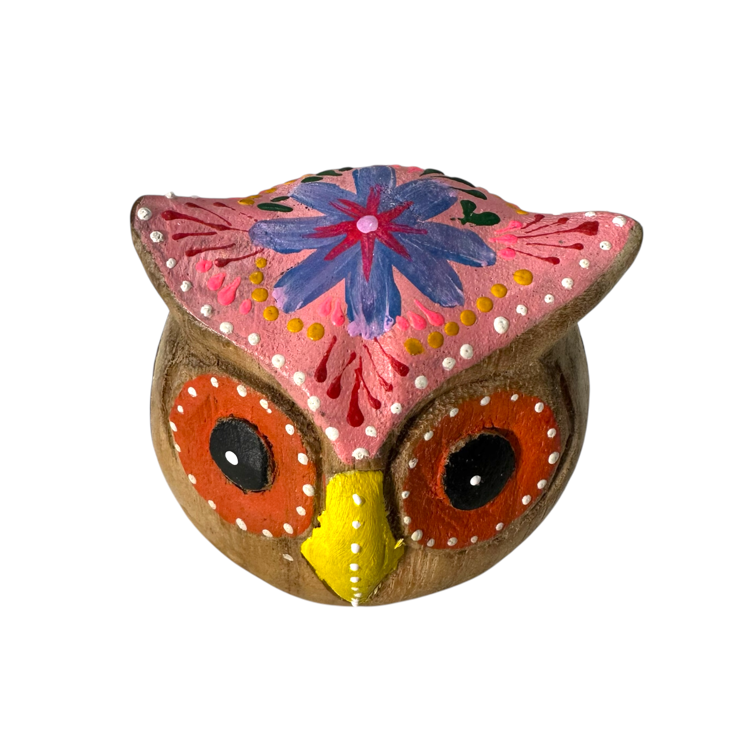 Hand-painted Wooden Owl Figurine - Pink Blue & Floral Patterns