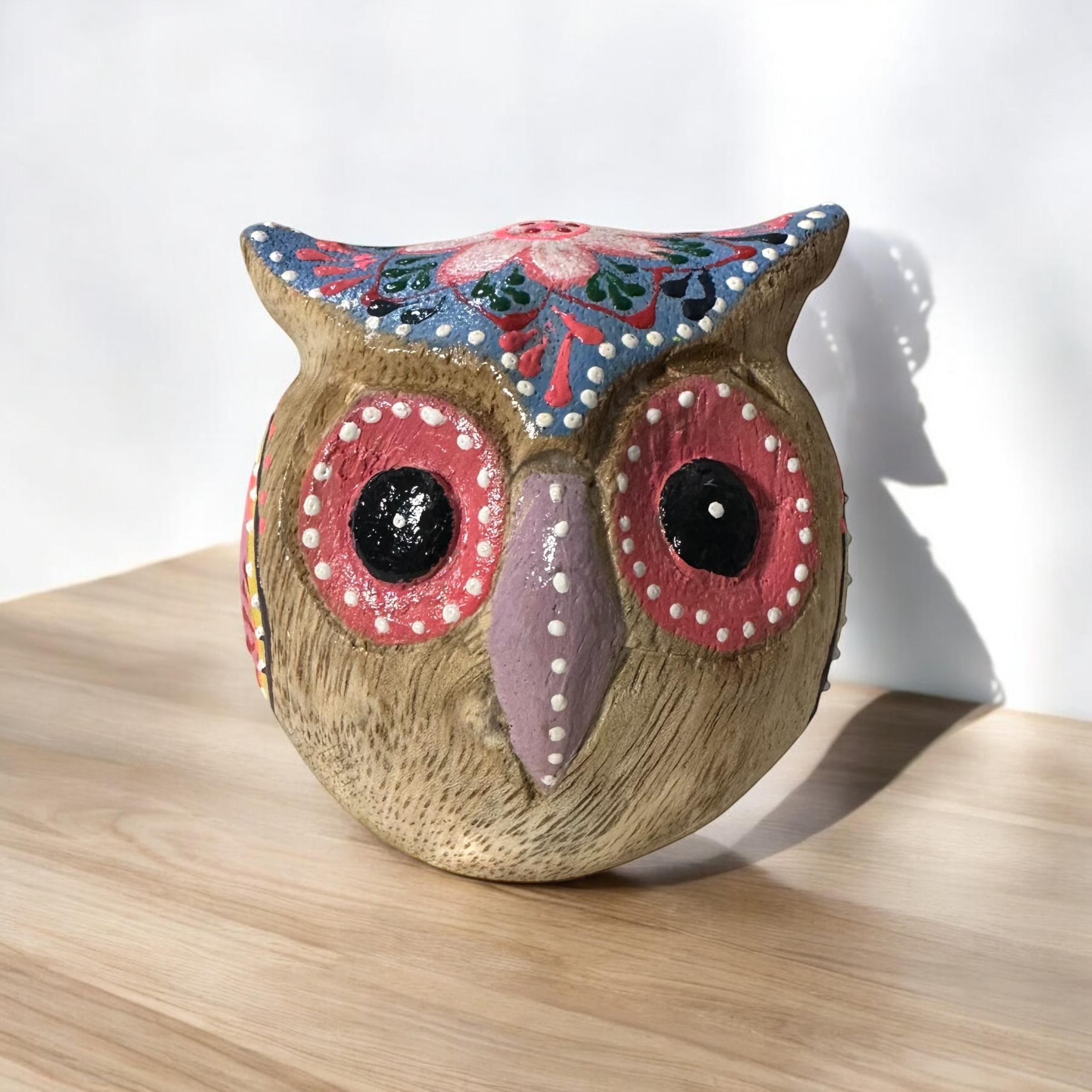 Hand-painted Wooden Owl Figurine - Yellow & Pink Detailed Carving