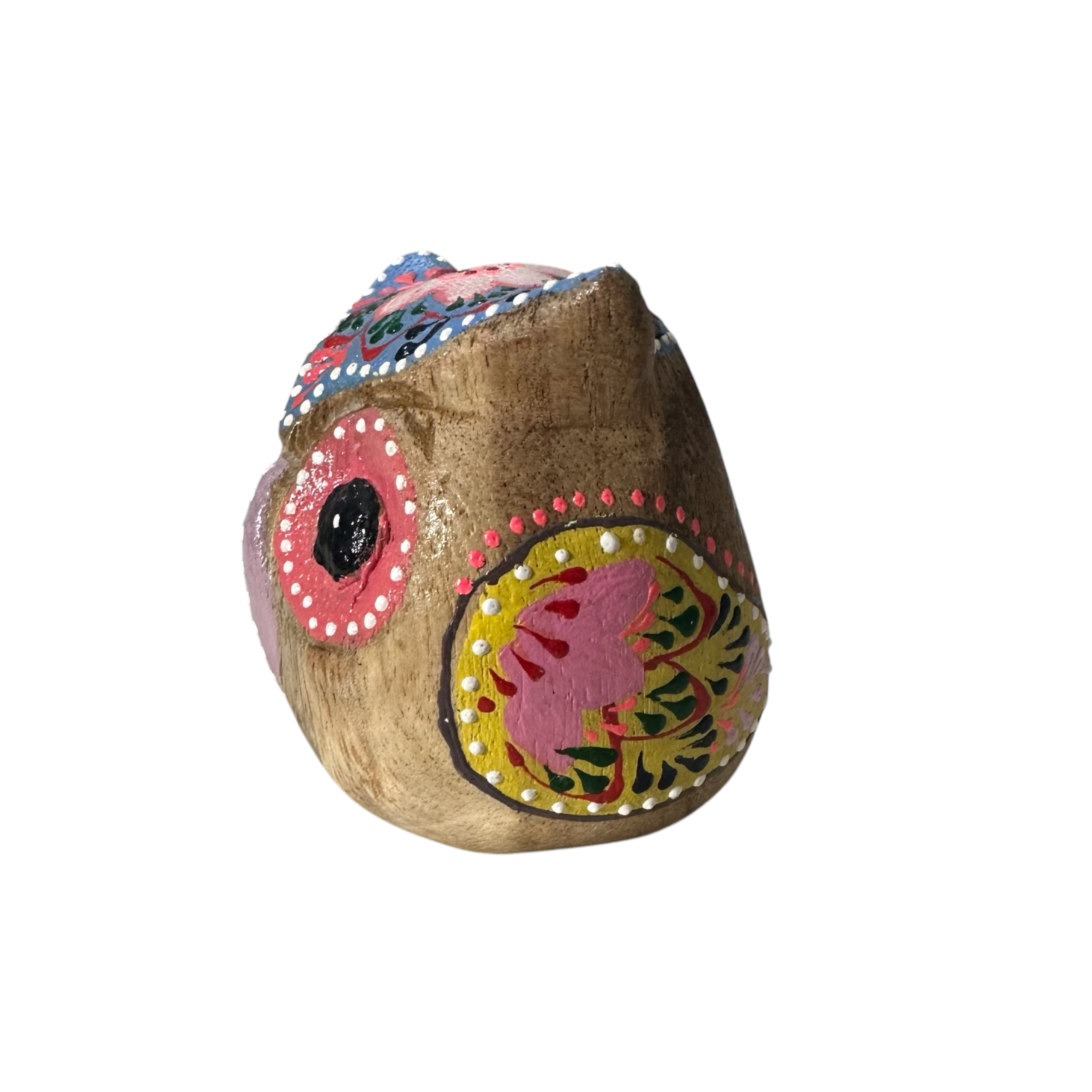 Hand-painted Wooden Owl Figurine - Yellow & Pink Detailed Carving