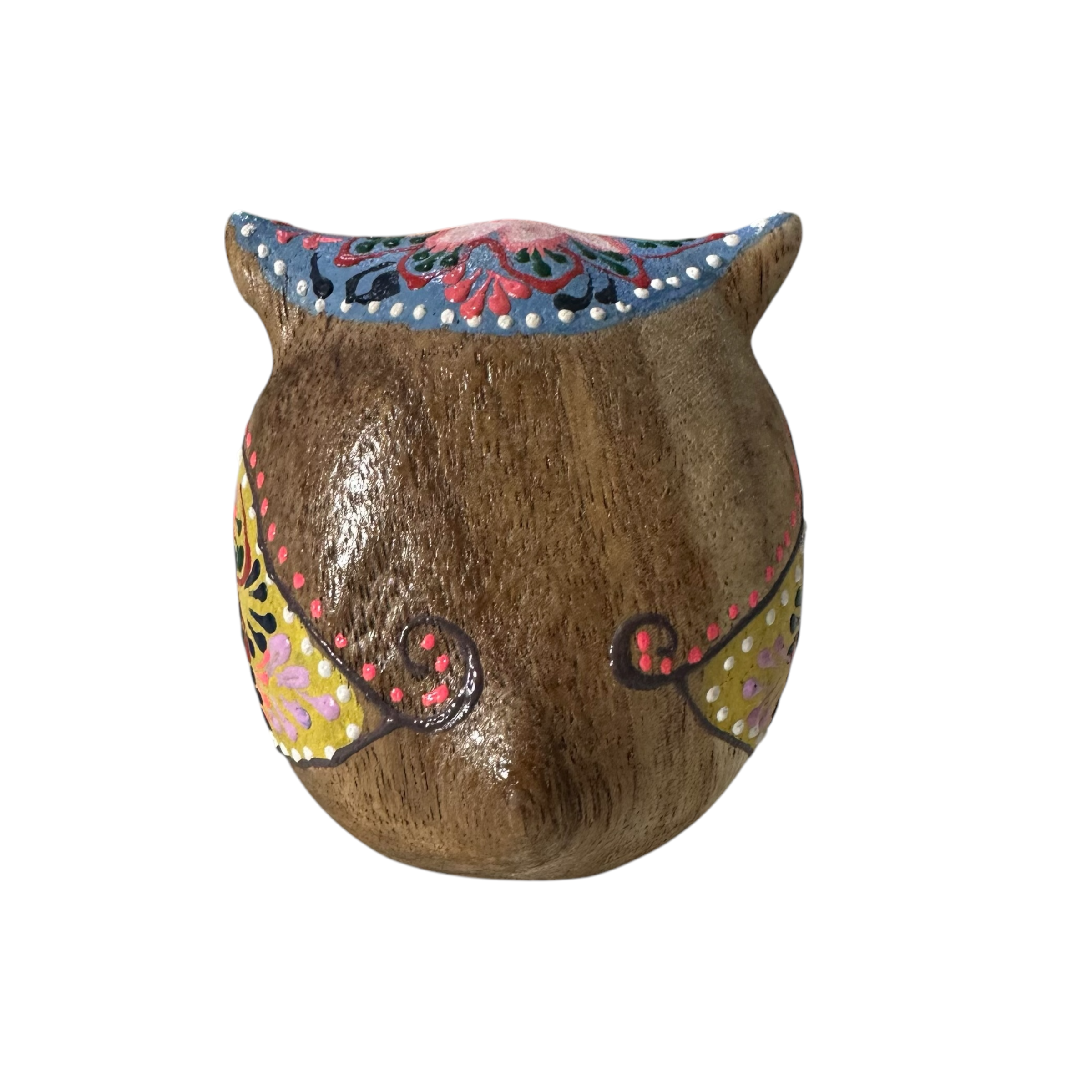 Hand-painted Wooden Owl Figurine - Yellow & Pink Detailed Carving
