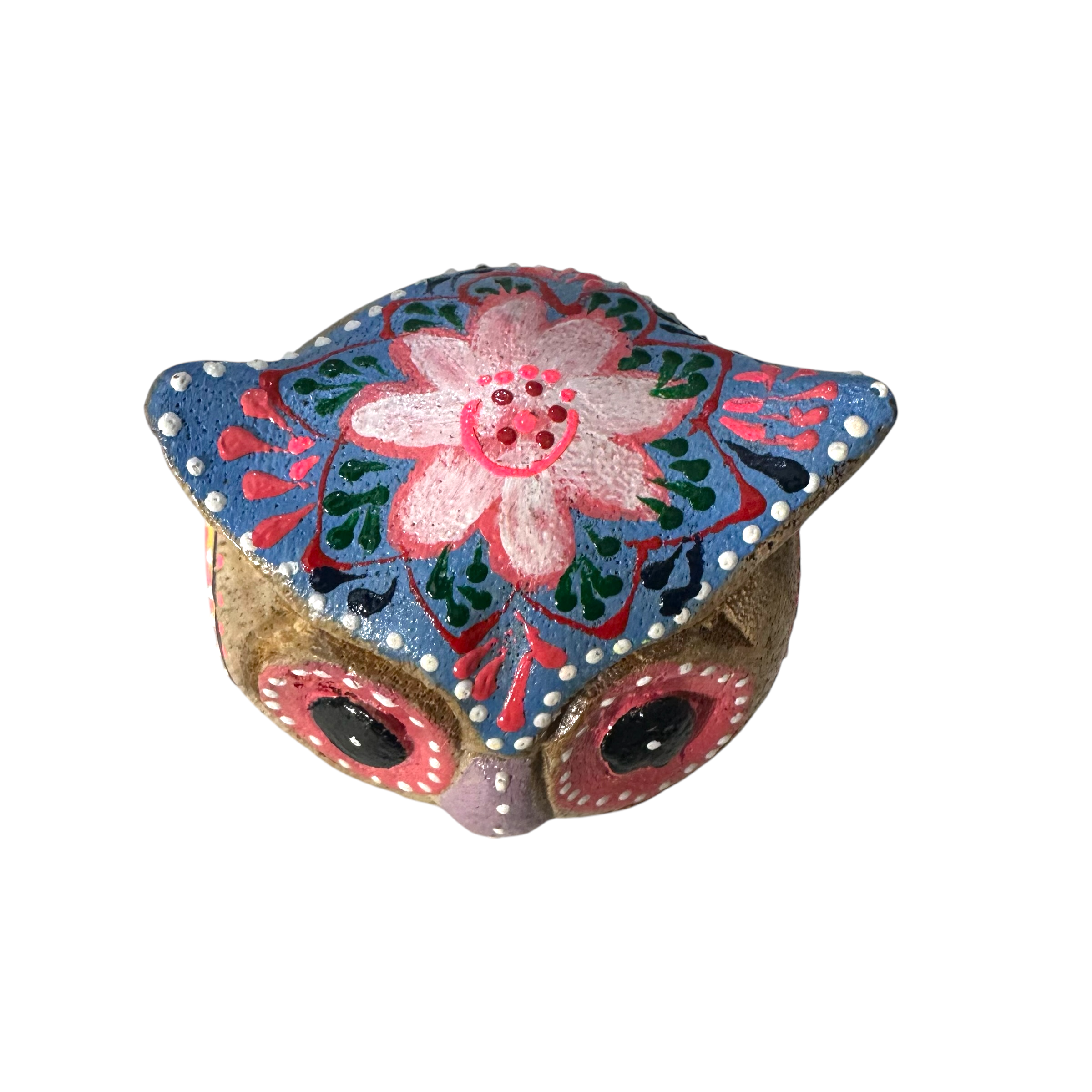 Hand-painted Wooden Owl Figurine - Yellow & Pink Detailed Carving