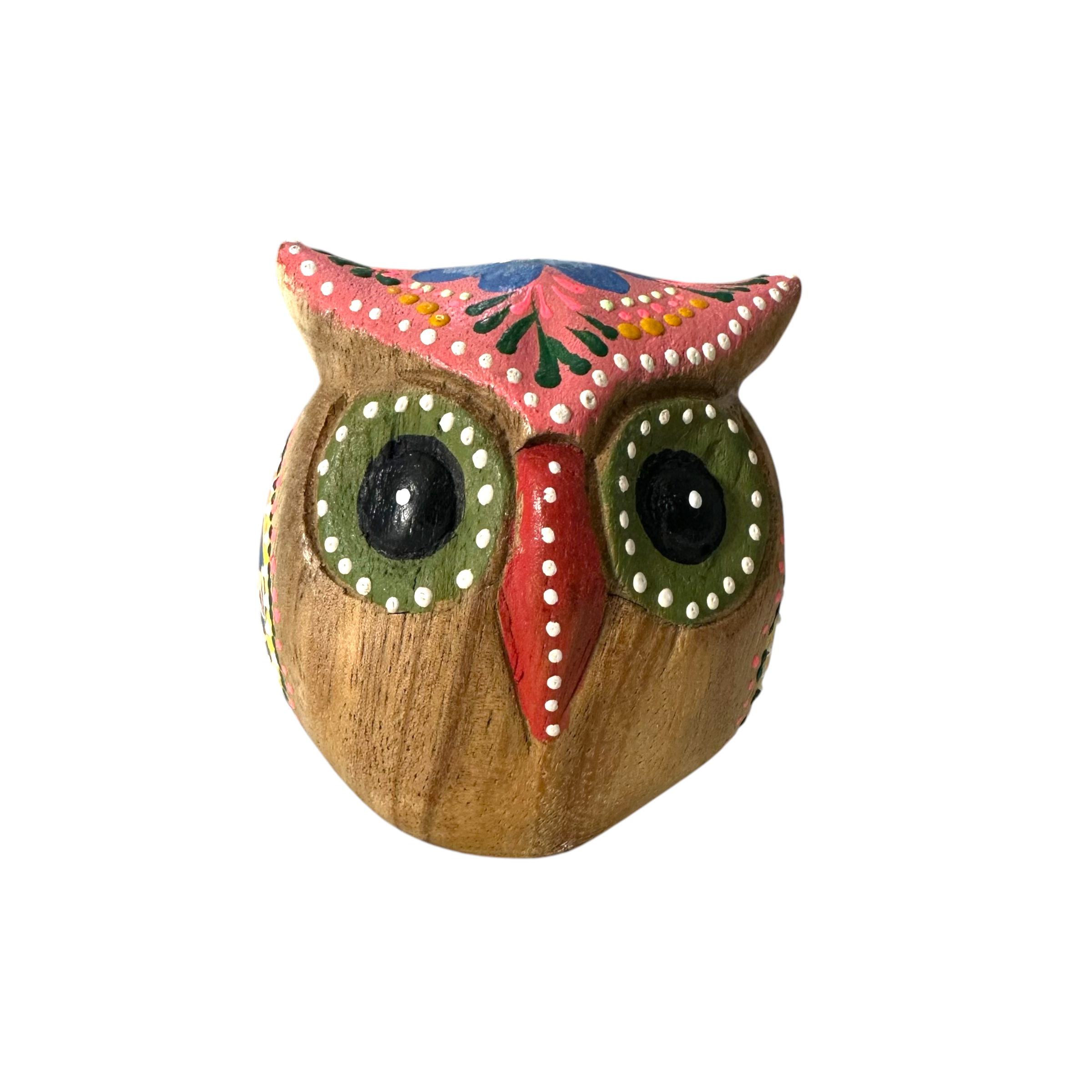 Hand-painted Wooden Owl Figurine - Pink & Green Vibrant Design