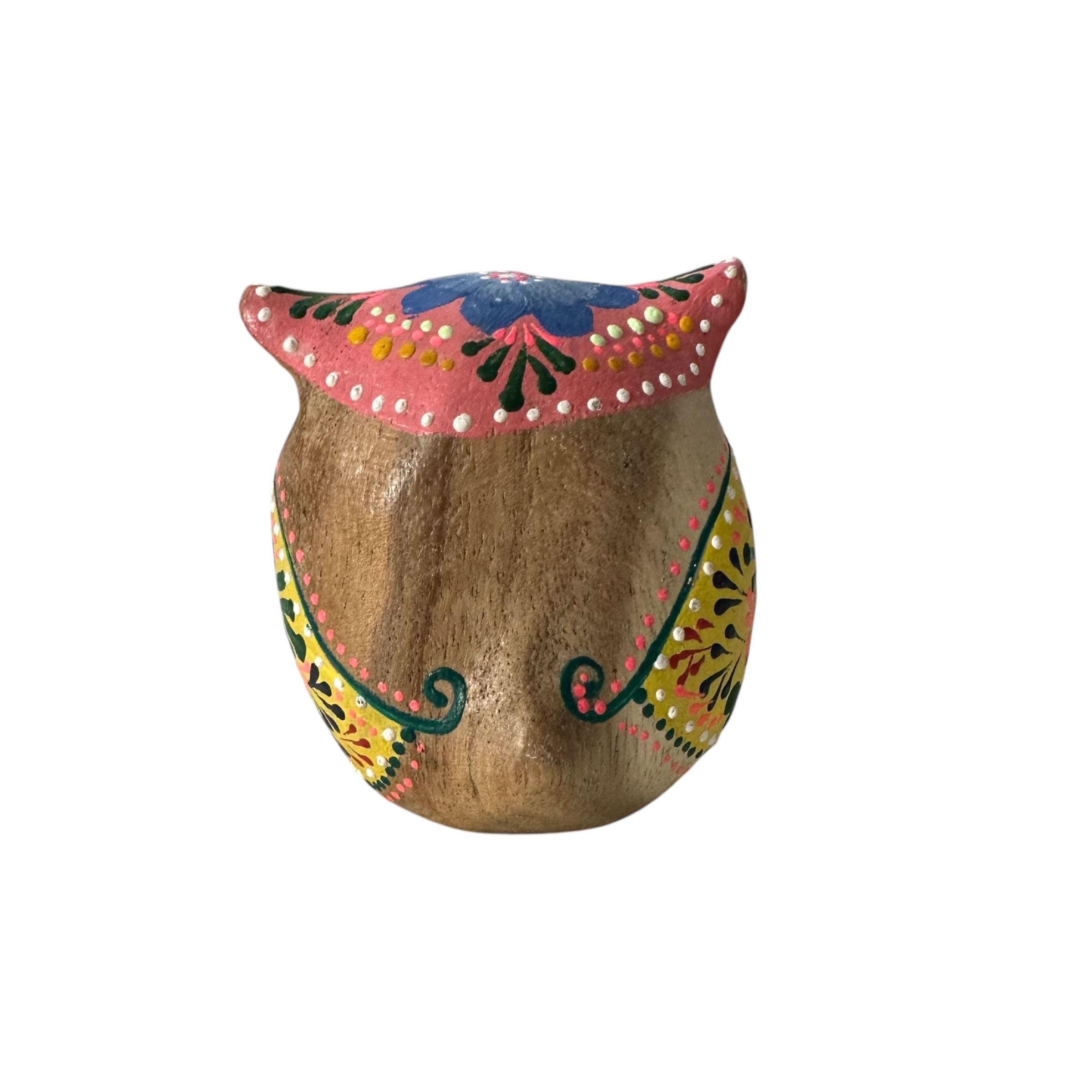 Hand-painted Wooden Owl Figurine - Pink & Green Vibrant Design