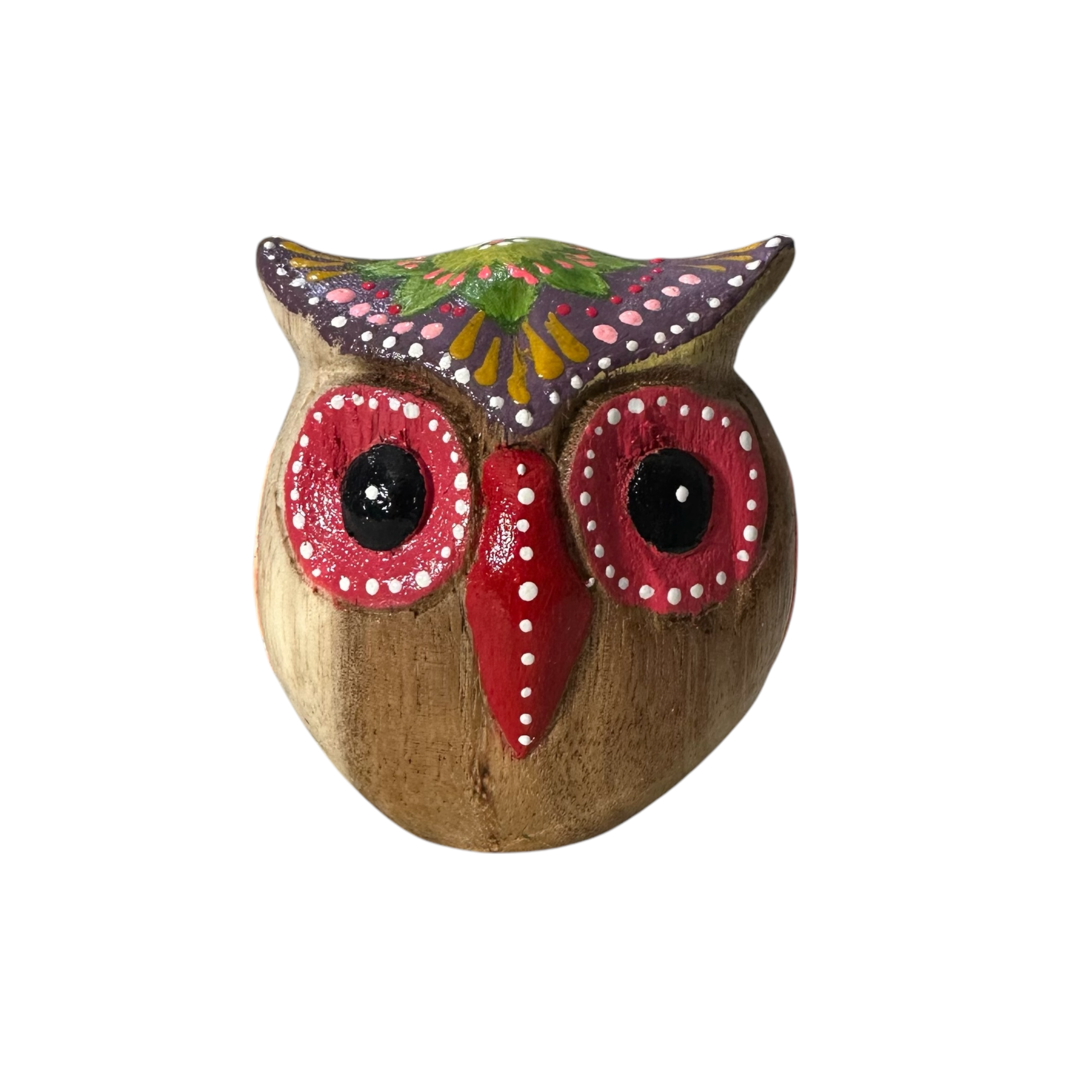 Hand-painted Wooden Owl Figurine - Classic Red & Colorful Accents