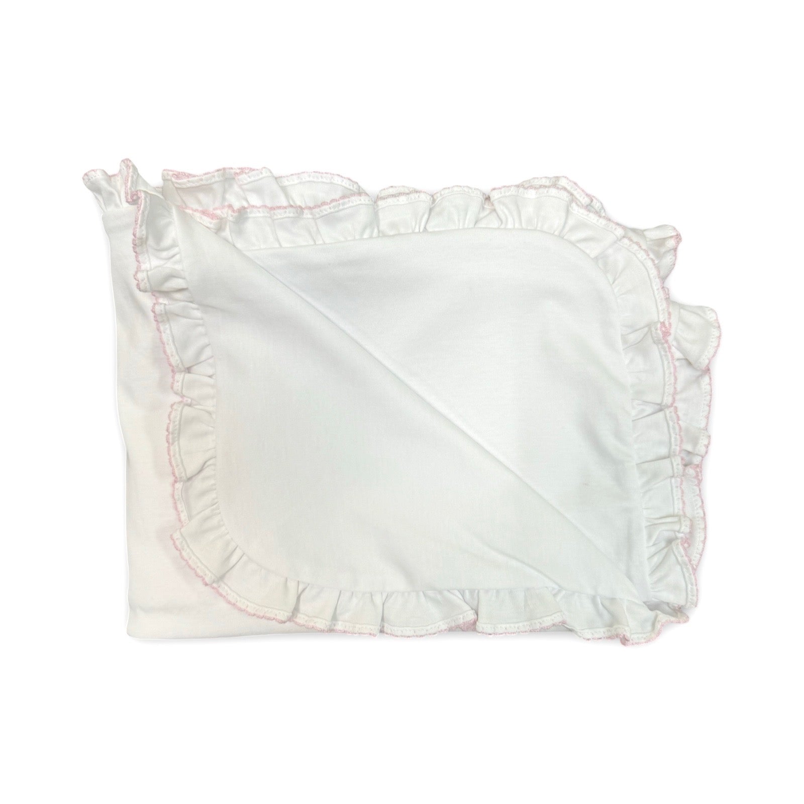 100% Pima Cotton Ruffle Blanket: White With Pink Picot Trim