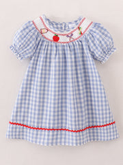 Girls Back To School Smocking Pencil Apple Embroidered Plaid Dress