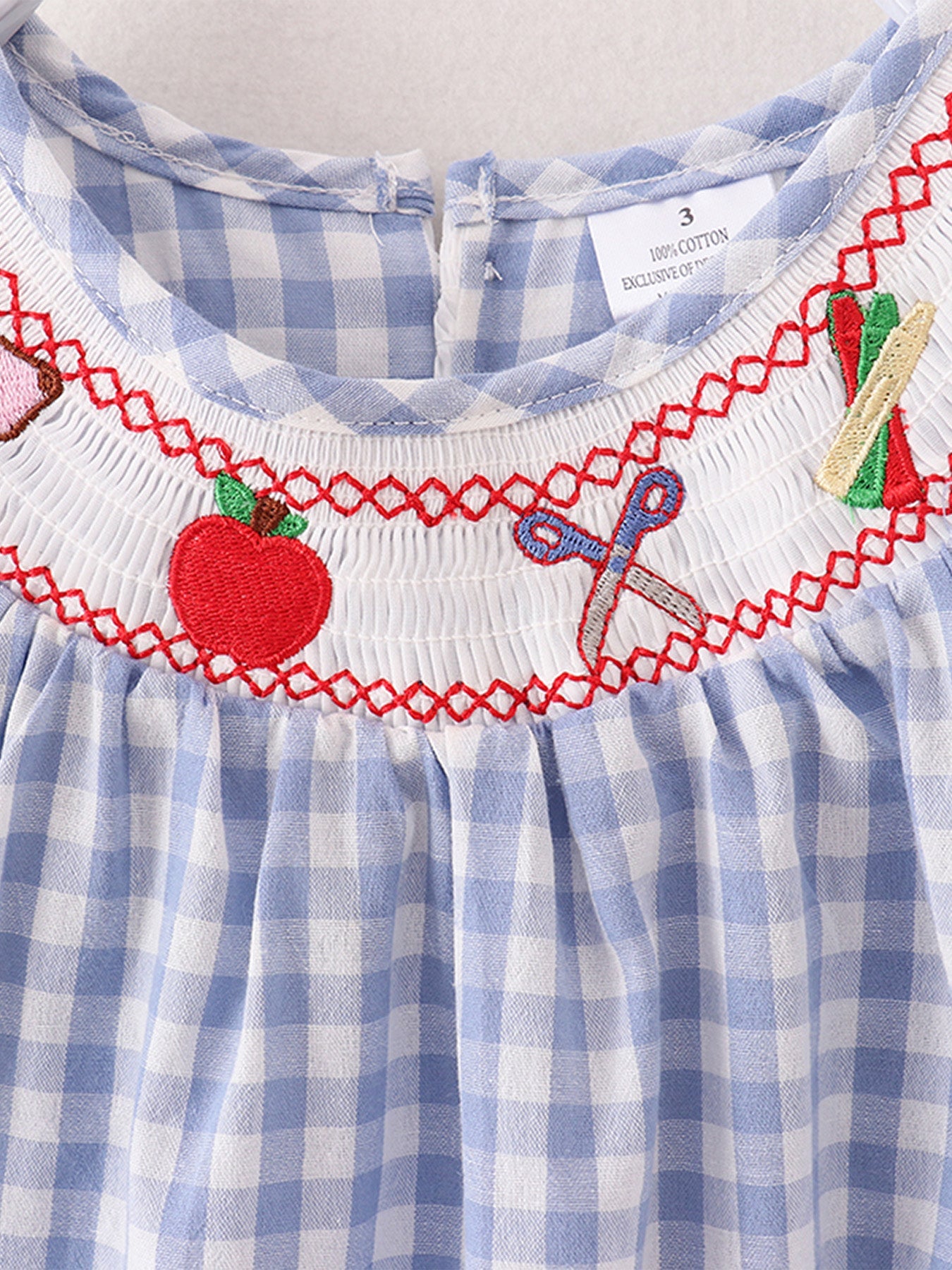 Girls Back To School Smocking Pencil Apple Embroidered Plaid Dress