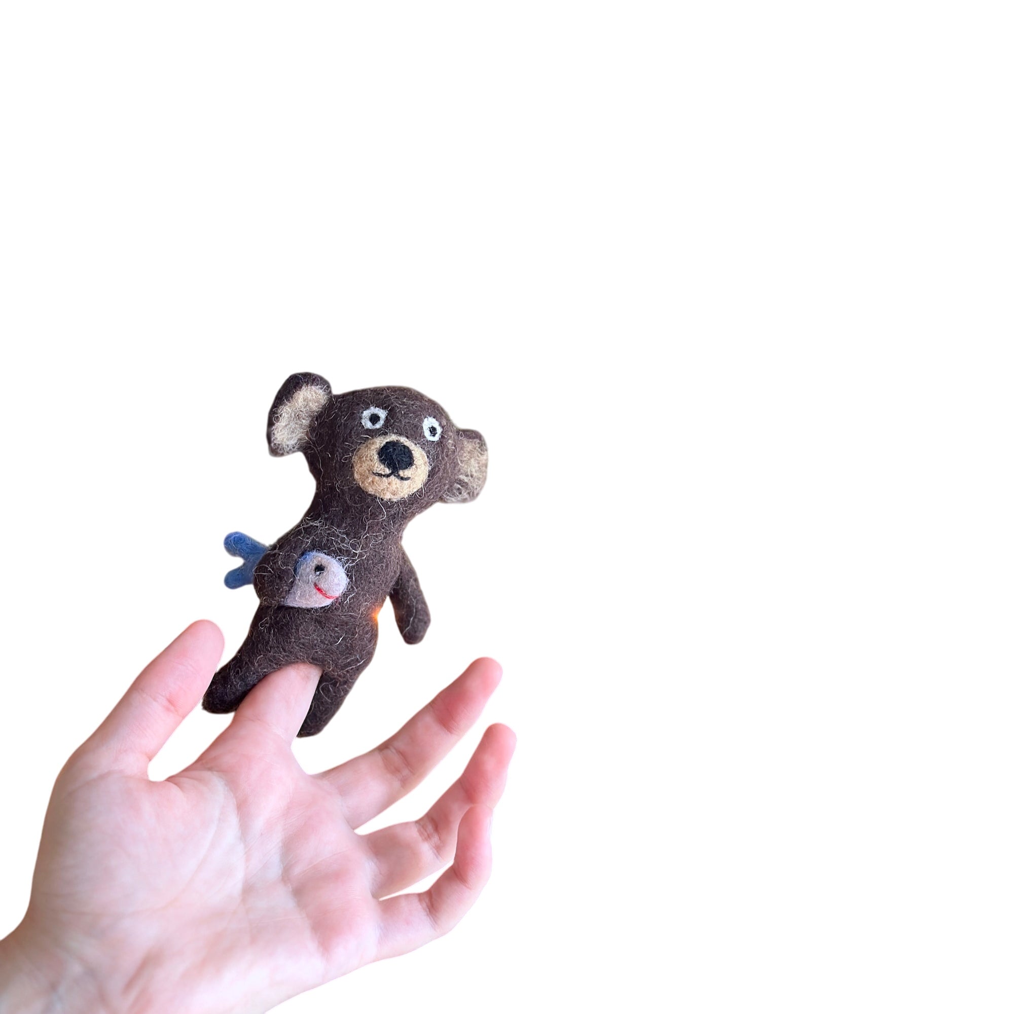 Felt Finger Puppet - Brown Bear Holding Fish