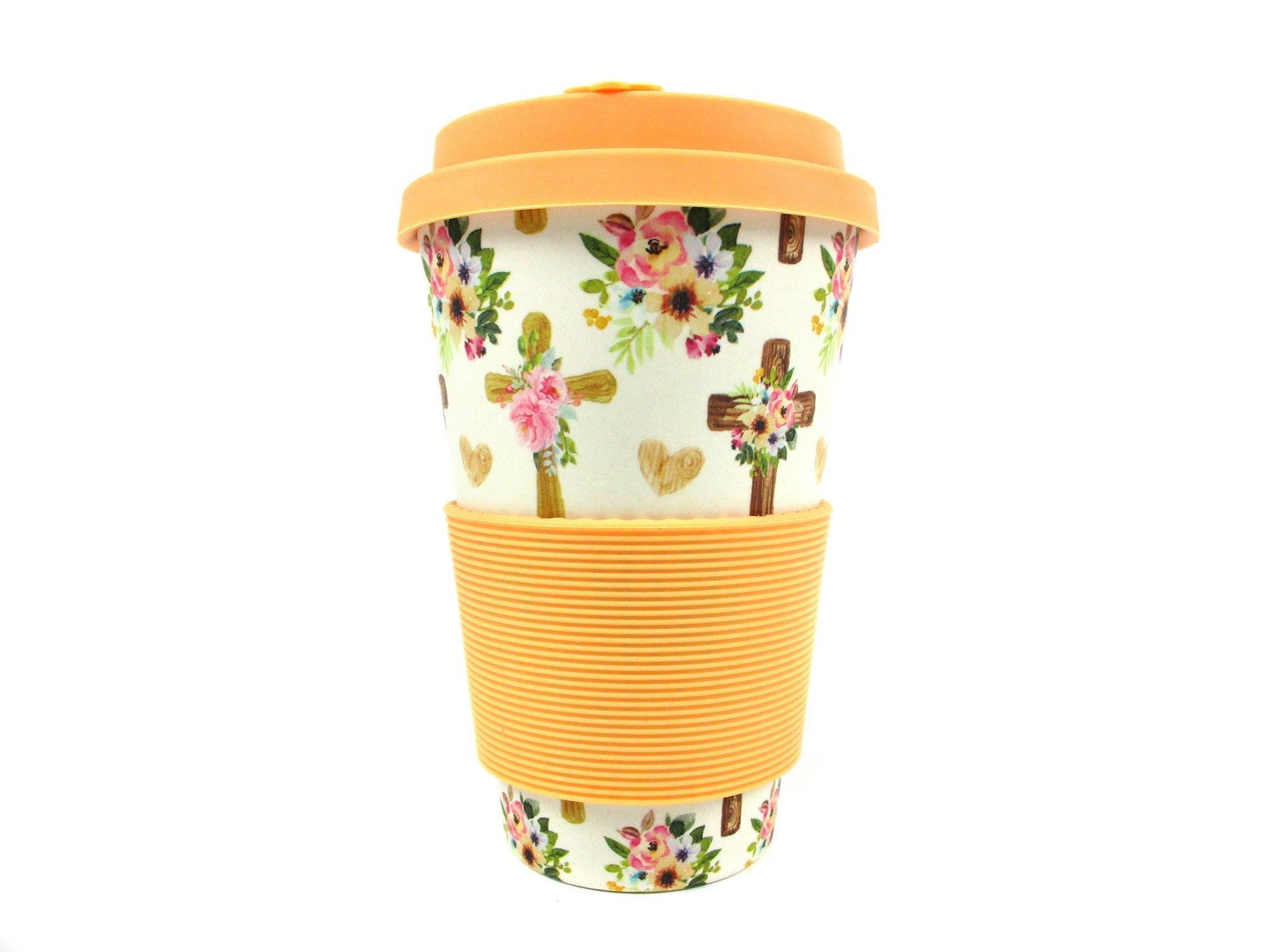 Eco-friendly Reusable Plant Fiber 14 Oz Travel Mug With Religious Floral Crosses Design