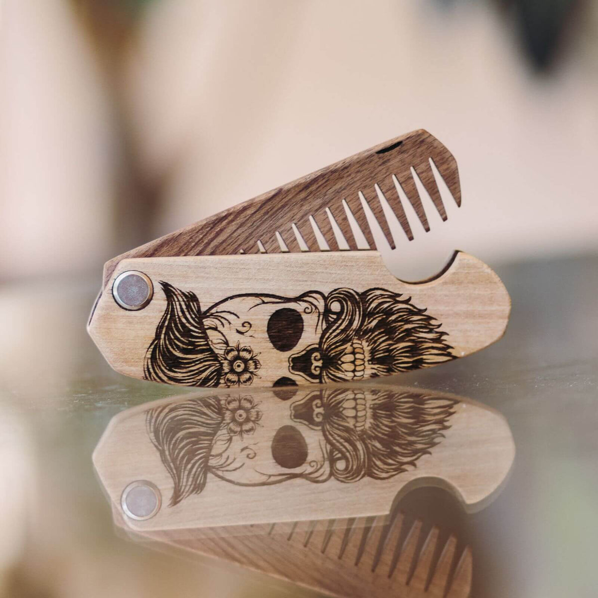 Wooden Beard Comb - Sugar Skull
