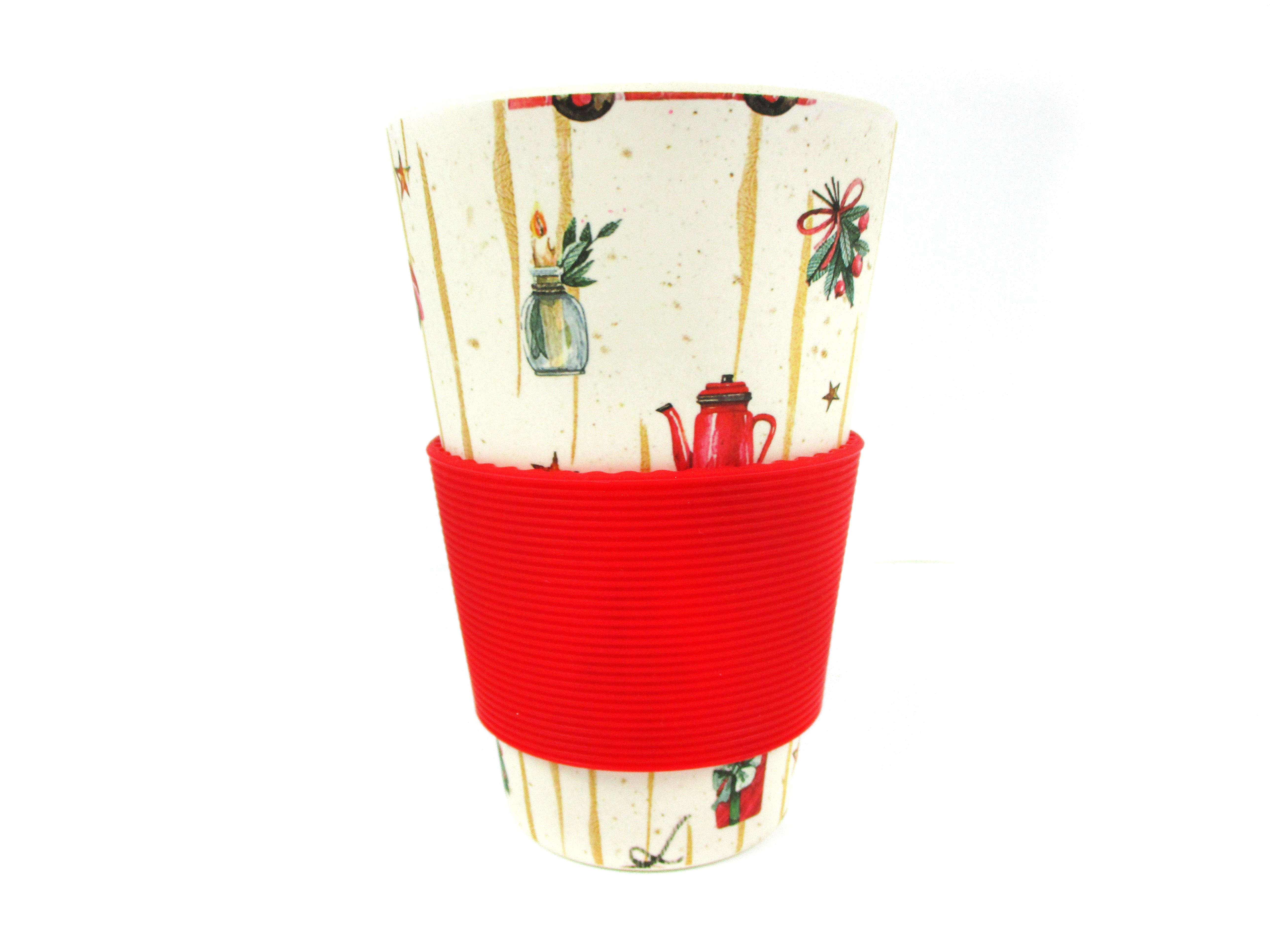 Eco-friendly Reusable Plant Fiber 14 Oz Travel Mug With Christmas Vintage Red Truck Barnyard Style Design