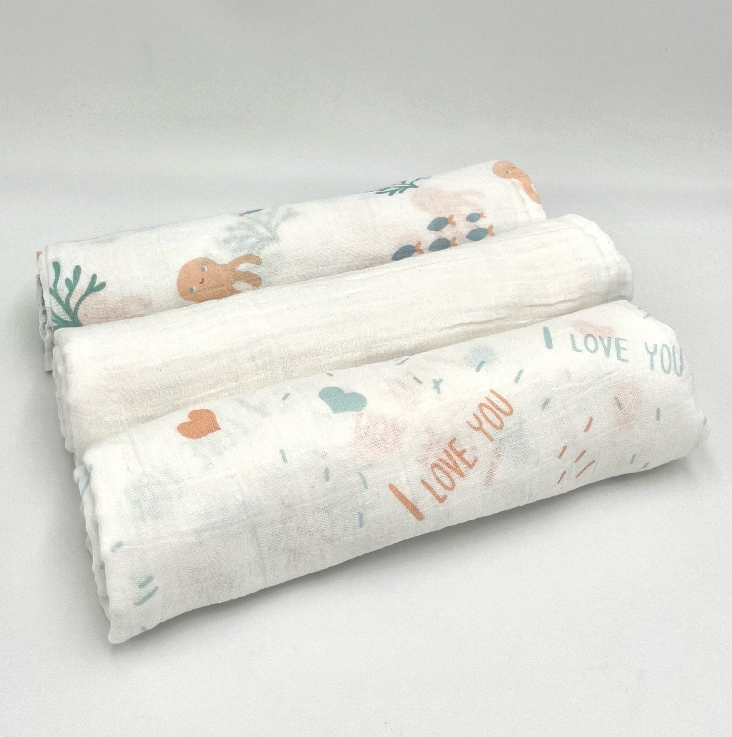 Swaddle Muslin Blankets: Under The Sea, Set Of 3, Girl Newborn Gift