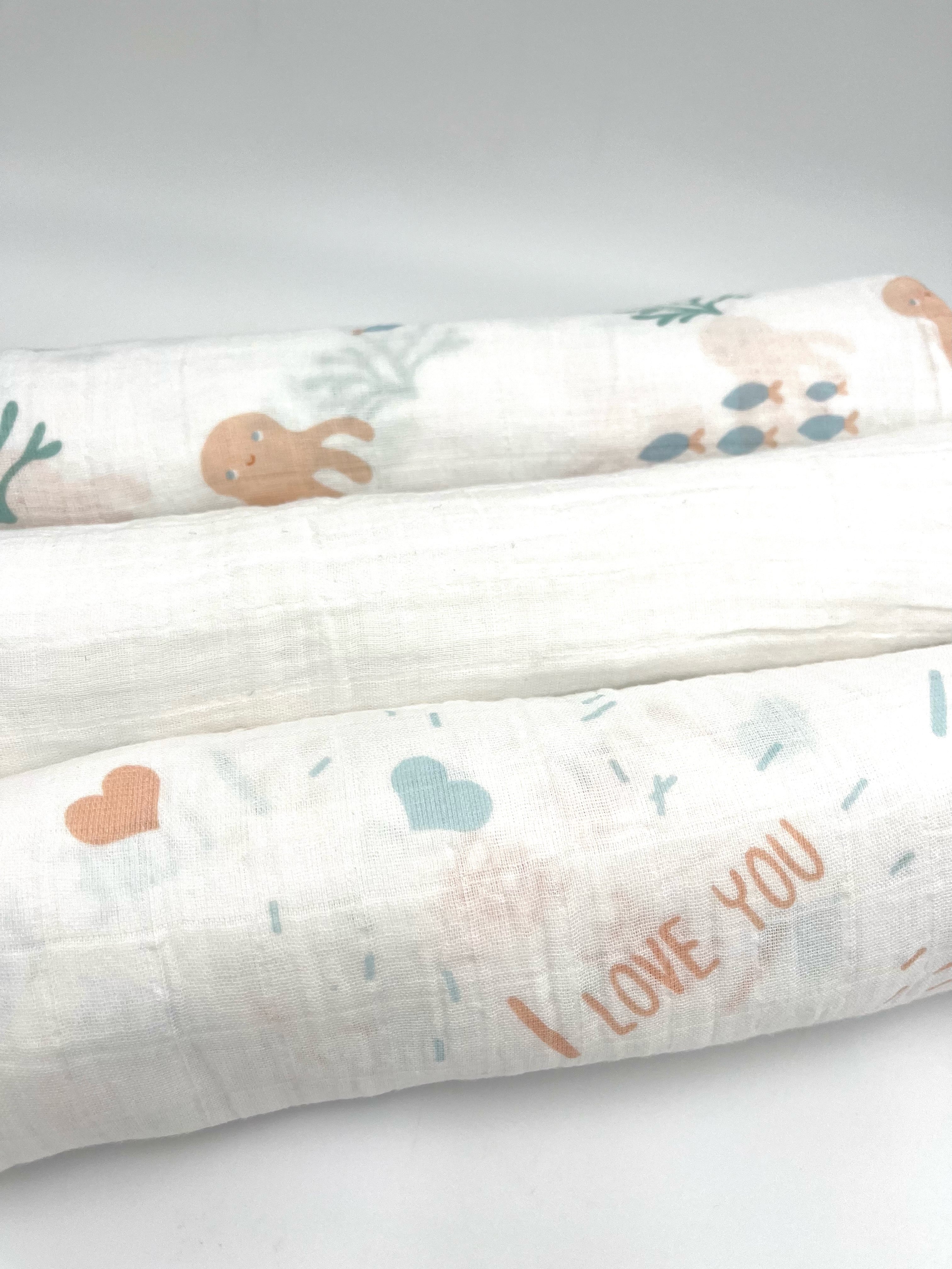 Swaddle Muslin Blankets: Under The Sea, Set Of 3, Girl Newborn Gift
