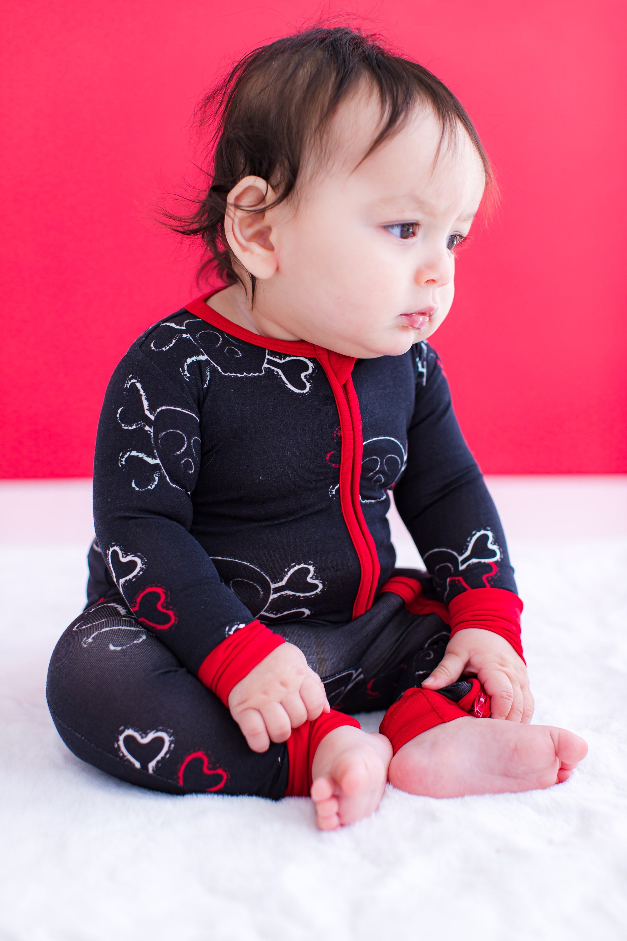 Birdie Bean Convertible Baby Romper – Skull Print, Red Trim
