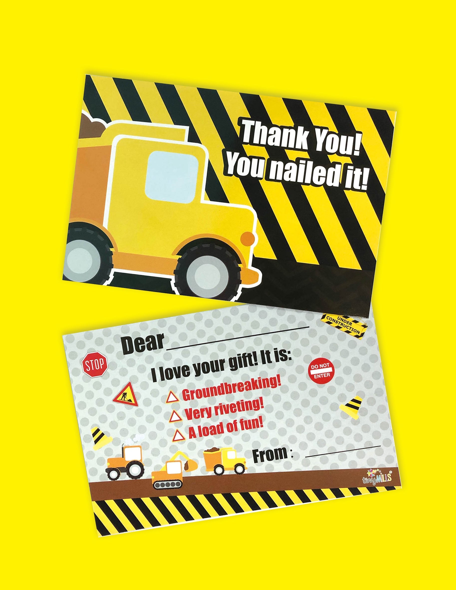 Construction Fill-in Birthday Thank You Cards For Kids