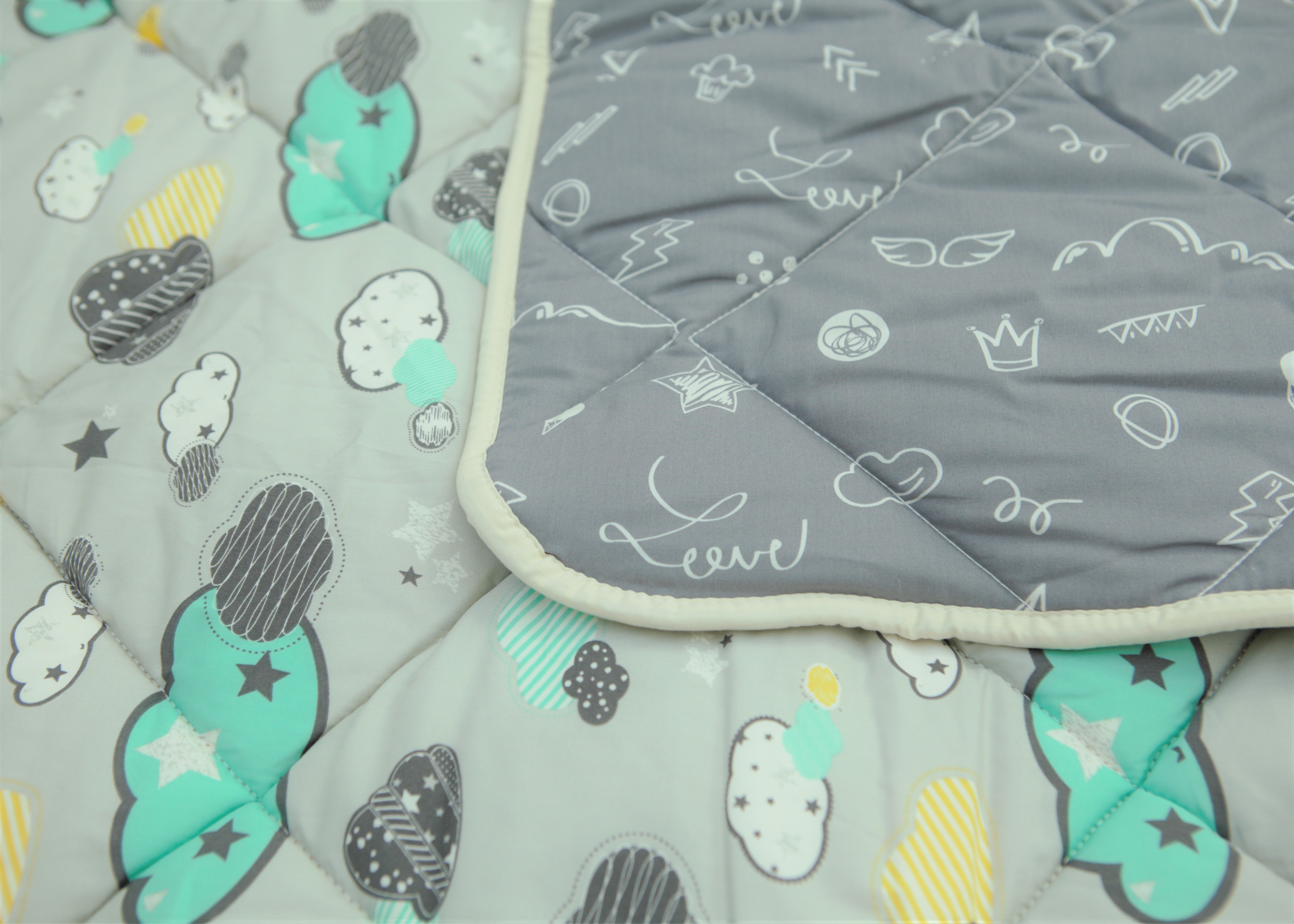 Organic Cotton Play Mat/quilted Blanket - Dreamy Sky/love Gray Reversible