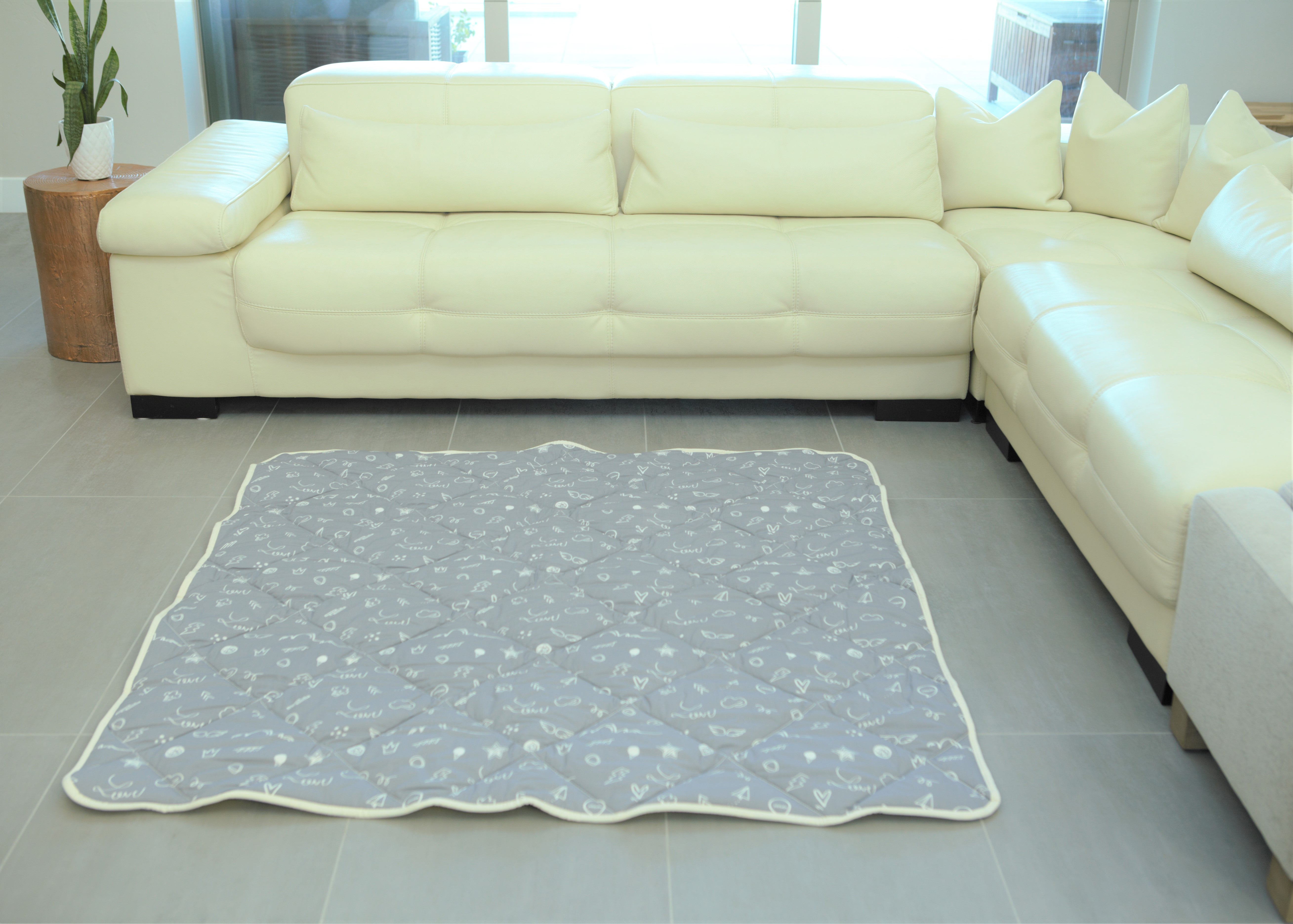 Organic Cotton Play Mat/quilted Blanket - Dreamy Sky/love Gray Reversible