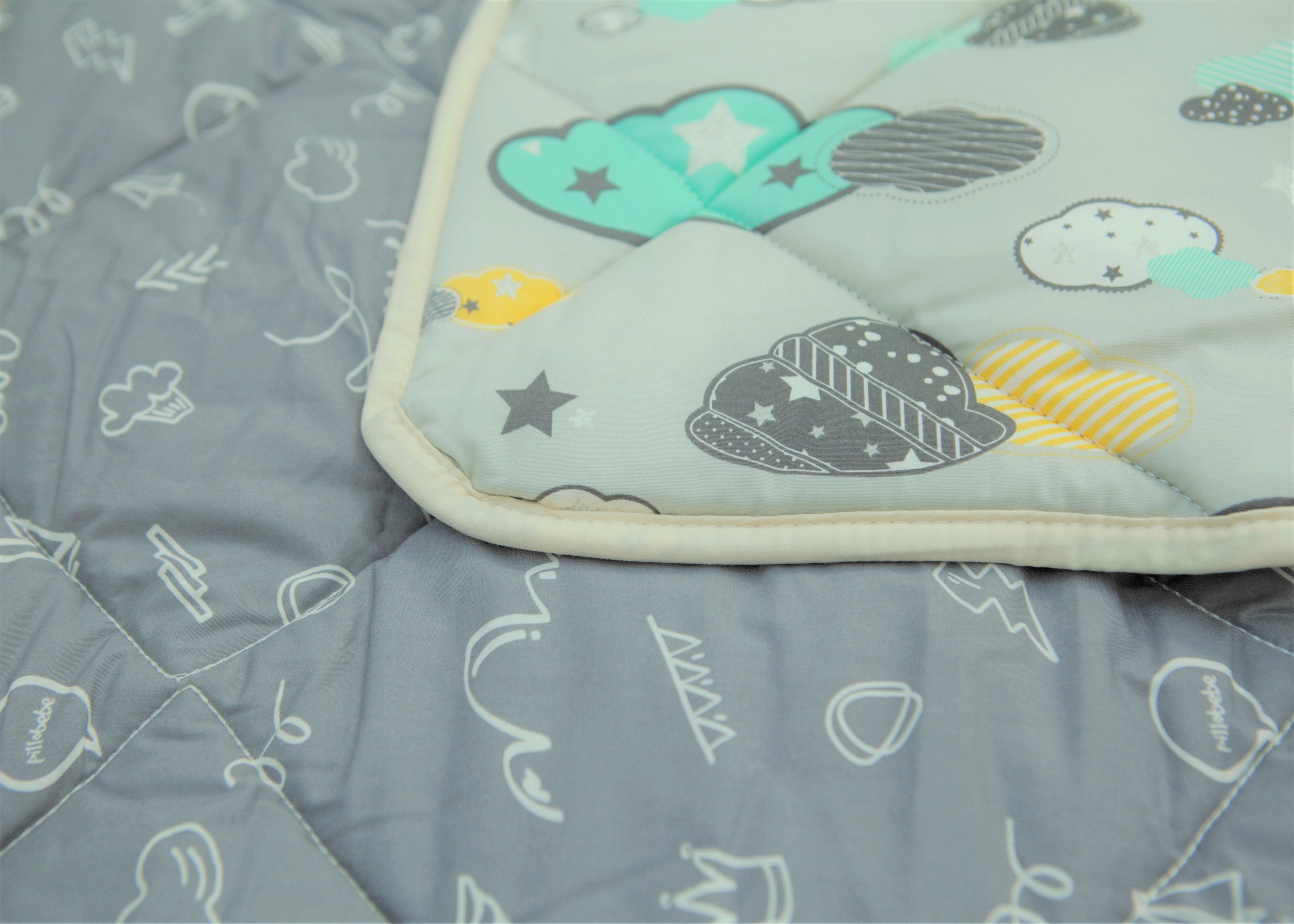 Organic Cotton Play Mat/quilted Blanket - Dreamy Sky/love Gray Reversible