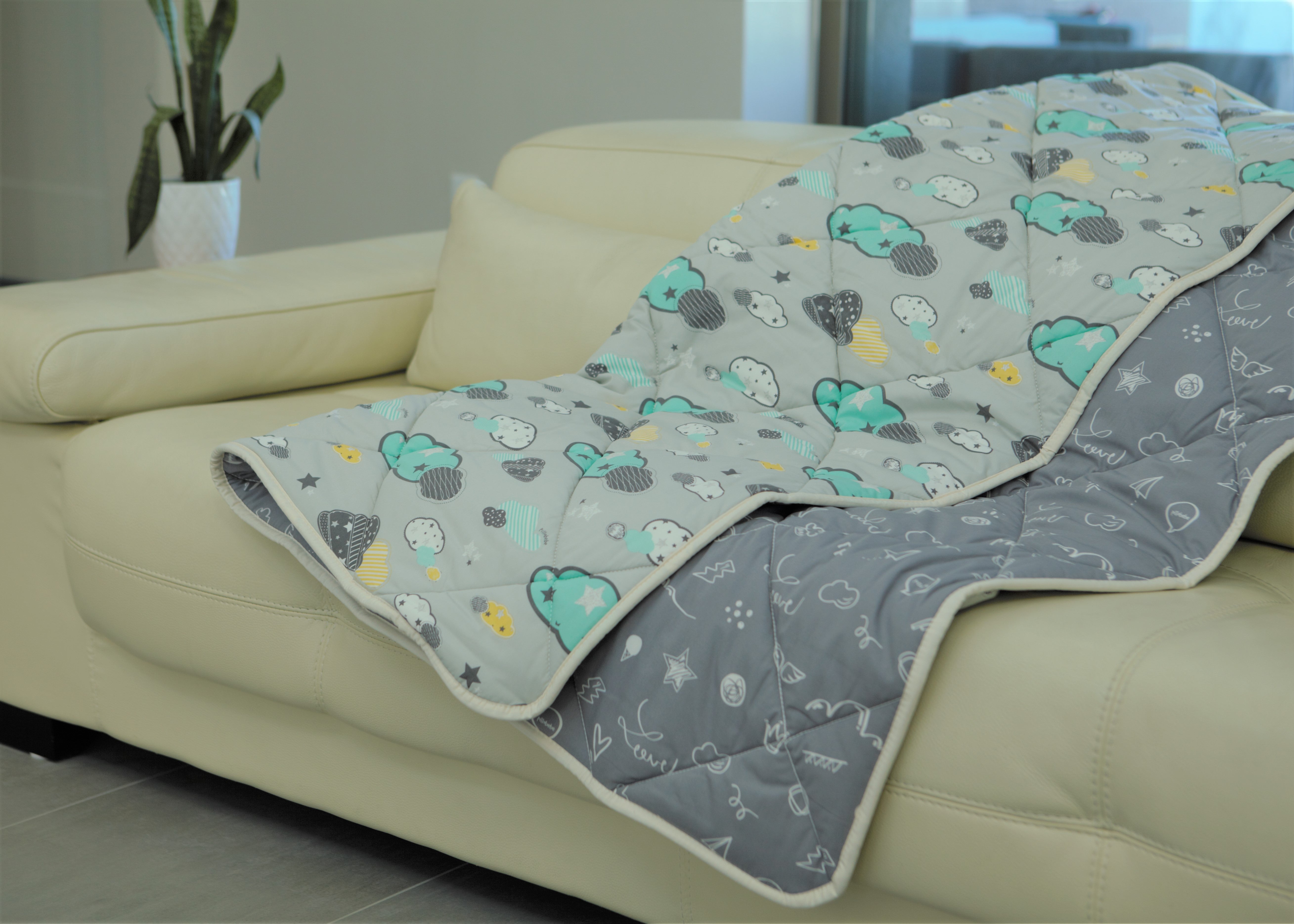 Organic Cotton Play Mat/quilted Blanket - Dreamy Sky/love Gray Reversible
