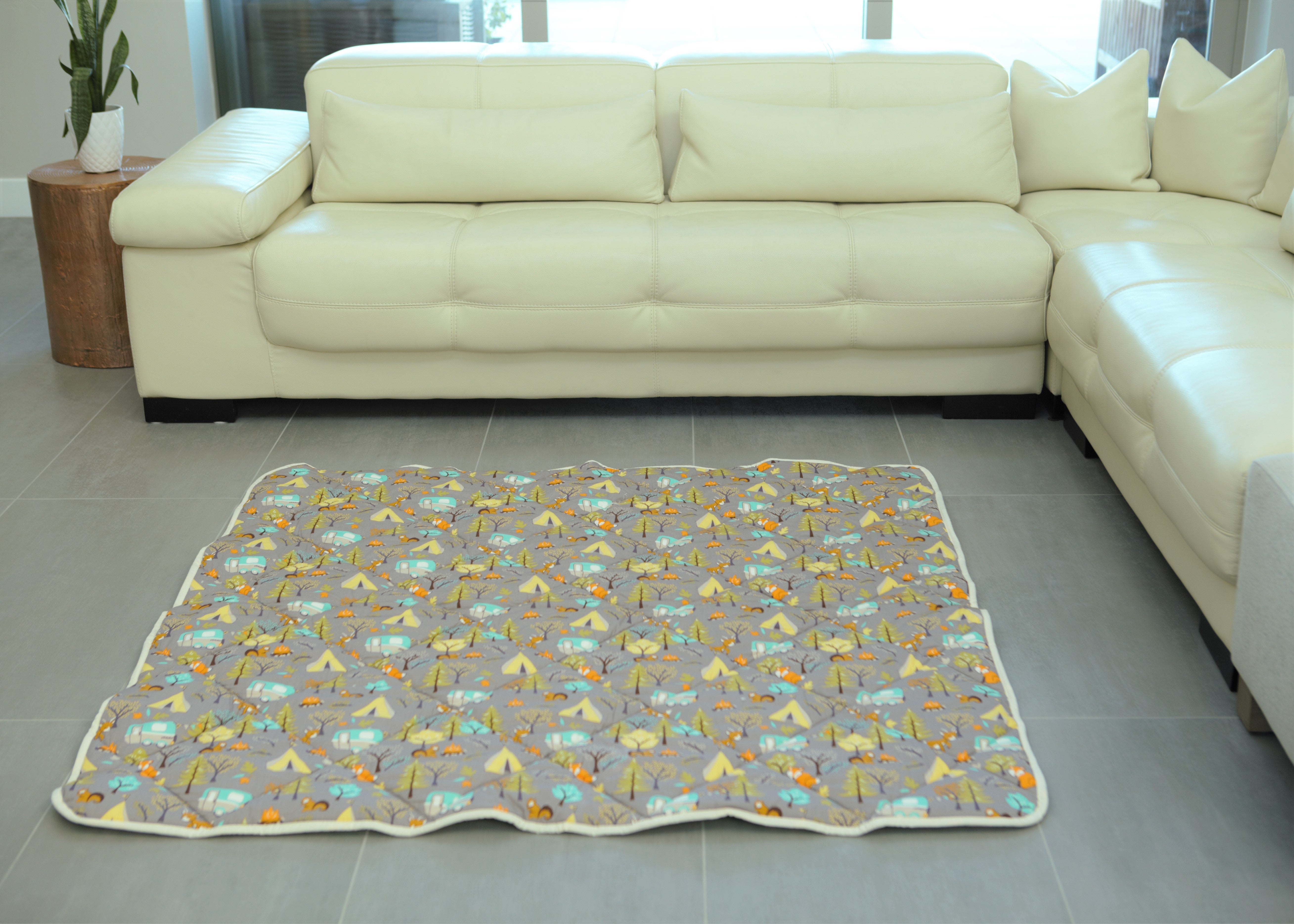 Organic Cotton Play Mat/quilted Blanket - Forest Friends/mint Pebbles Reversible