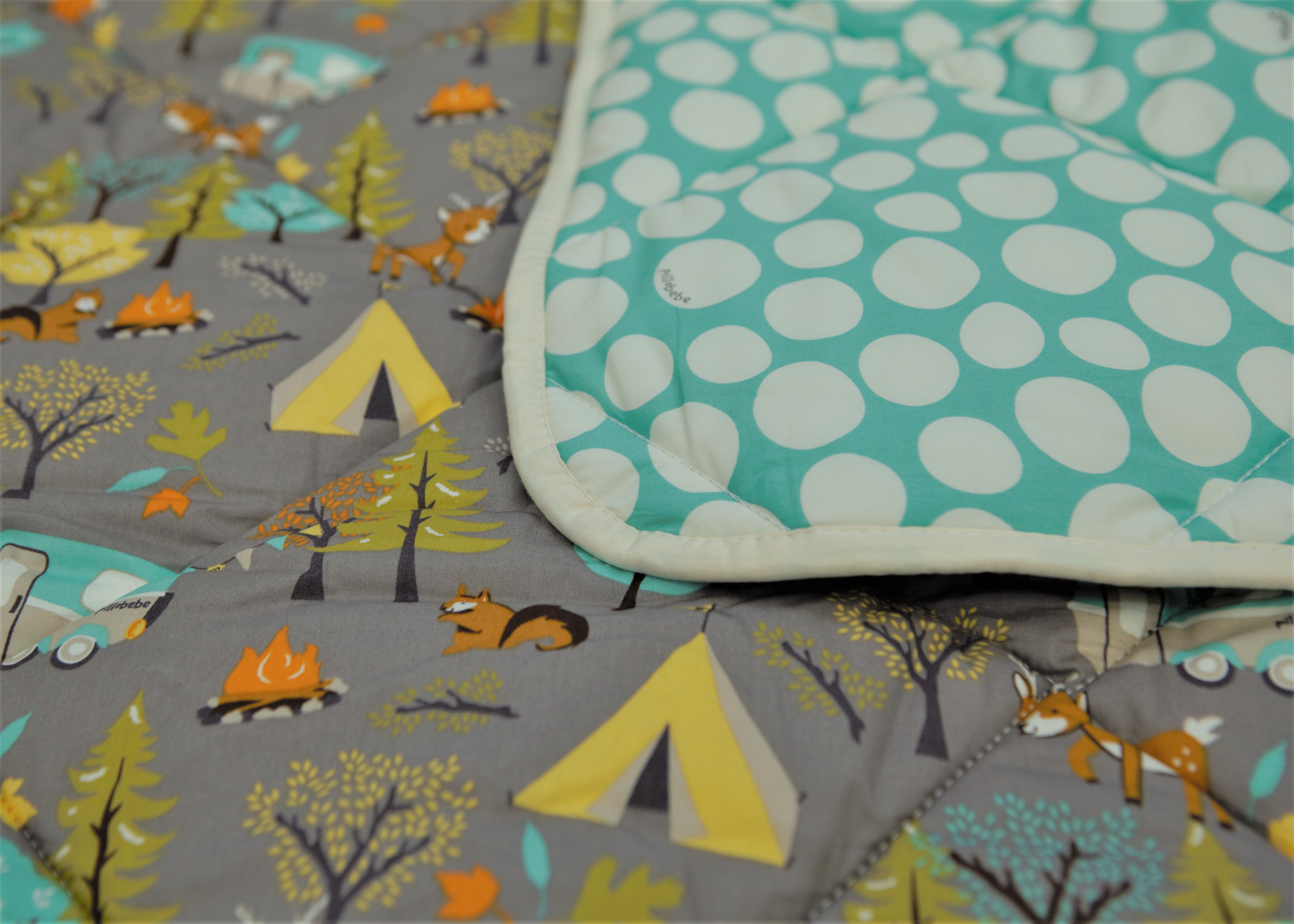 Organic Cotton Play Mat/quilted Blanket - Forest Friends/mint Pebbles Reversible