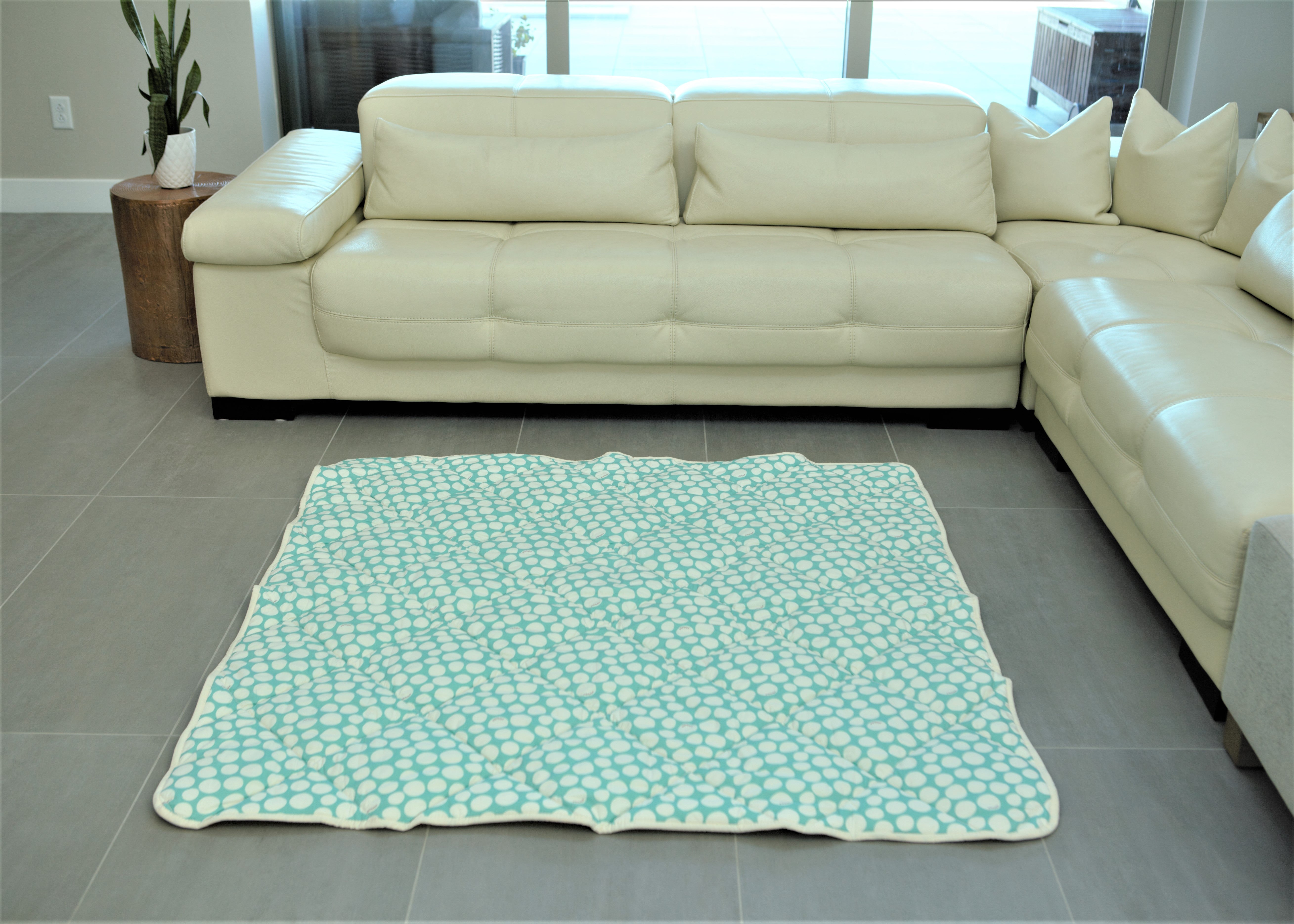 Organic Cotton Play Mat/quilted Blanket - Forest Friends/mint Pebbles Reversible