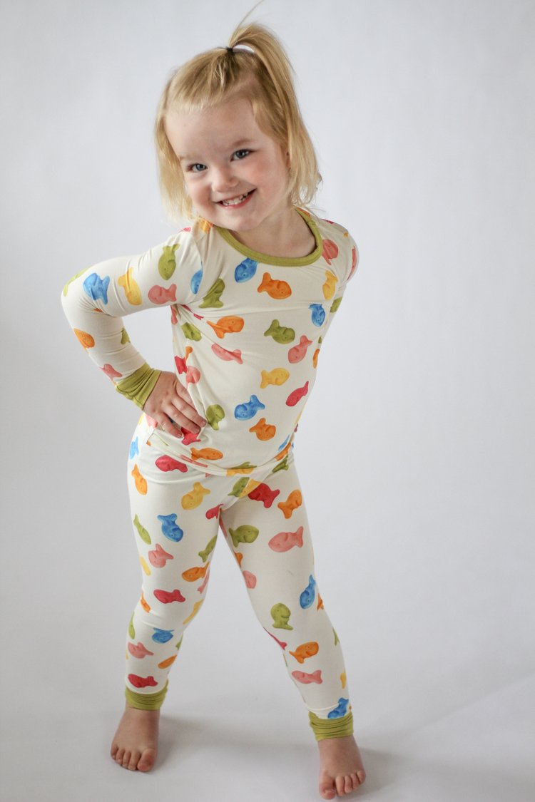 My First Snack Bamboo Pajamas – Green & Pink Lining Toddler Pjs |
